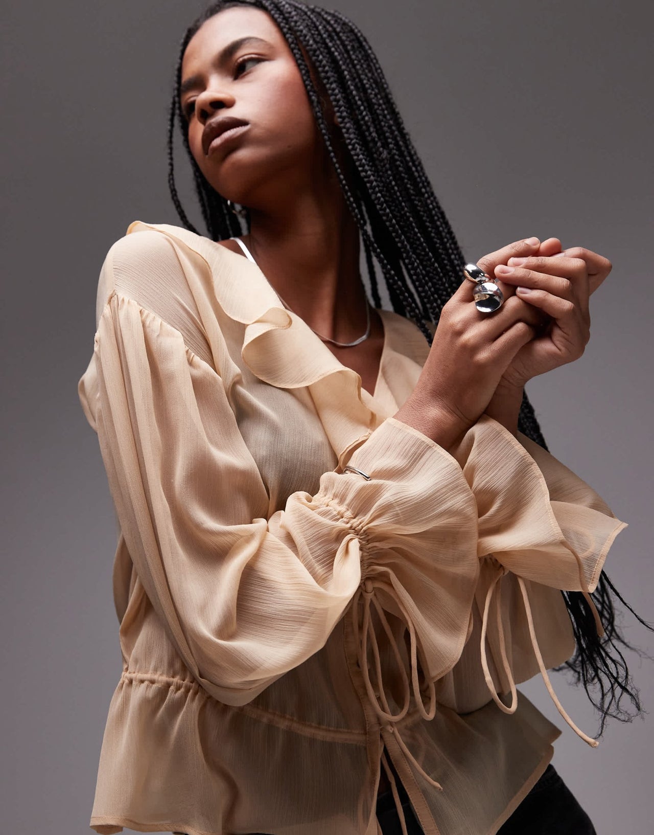 Topshop sheer ruffle tie front top in beige - ASOS Sample Sale