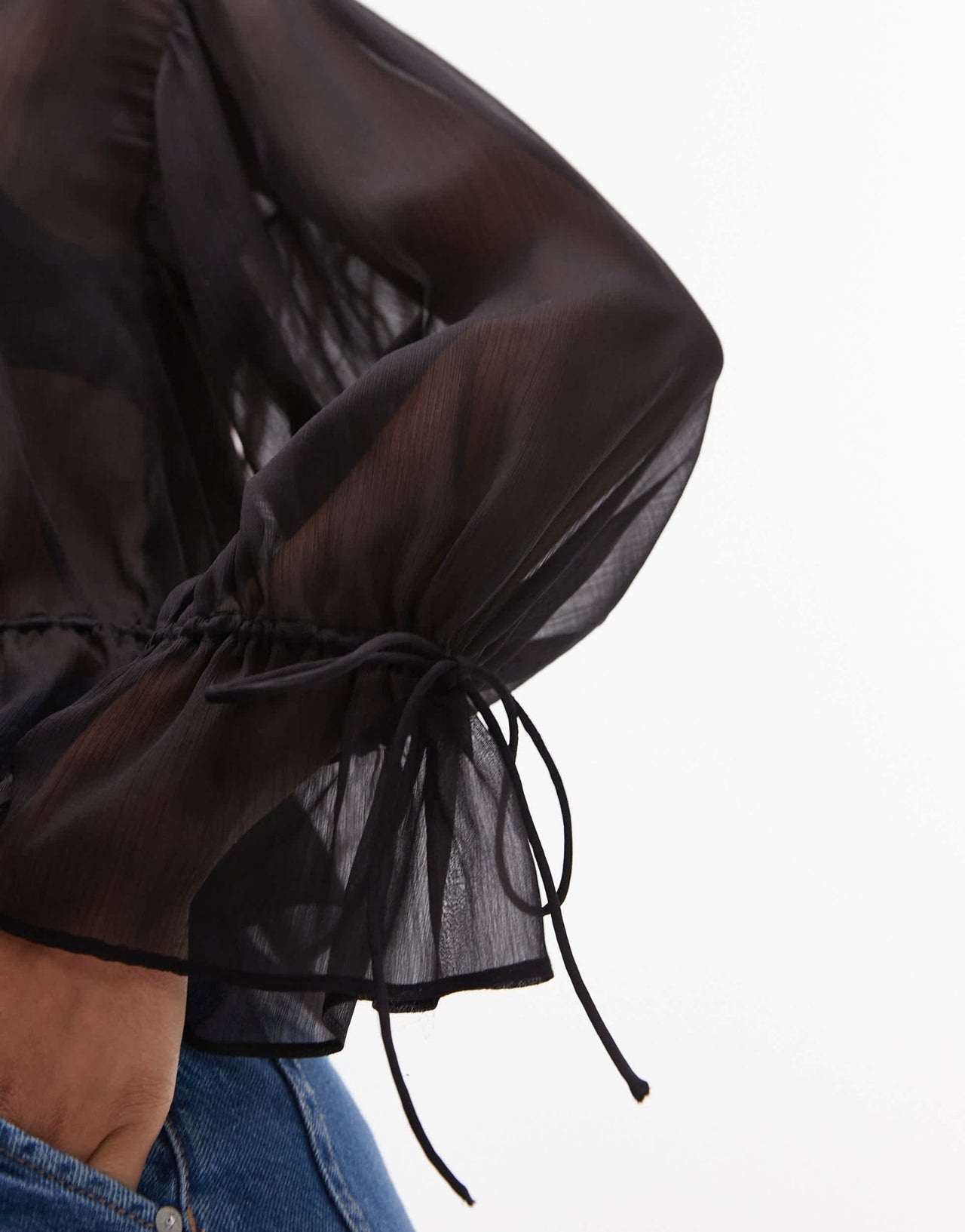 Topshop sheer ruffle tie front top in black - ASOS Sample Sale