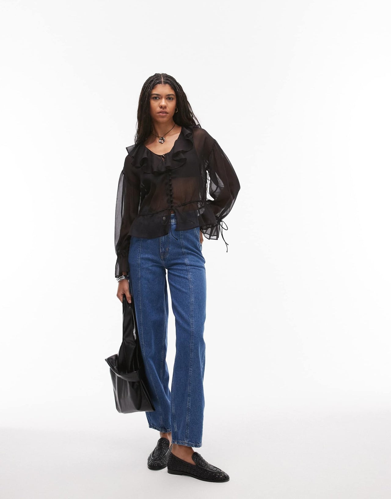Topshop sheer ruffle tie front top in black - ASOS Sample Sale