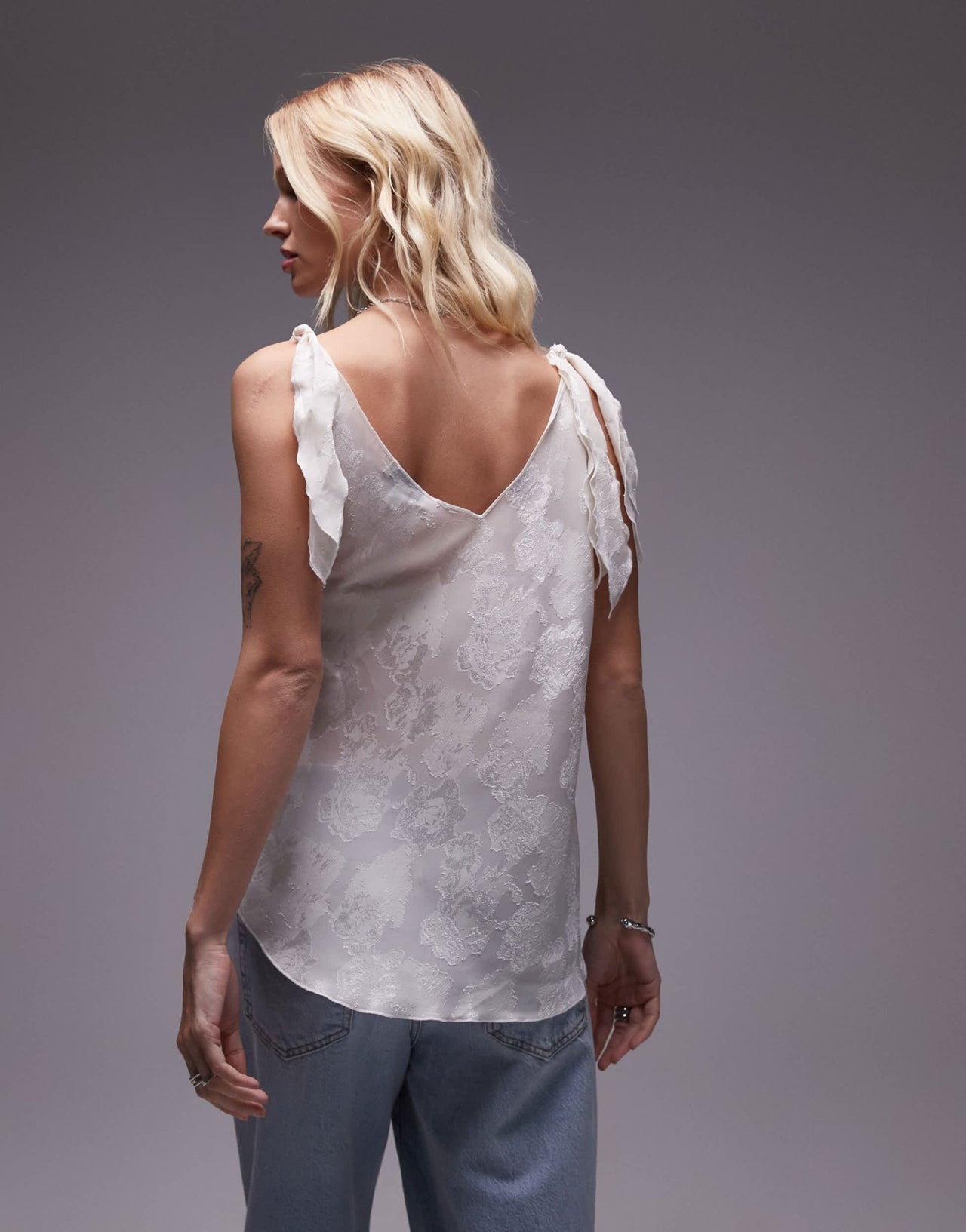Topshop sheer scoop jacquard tie top in ivory - ASOS Sample Sale