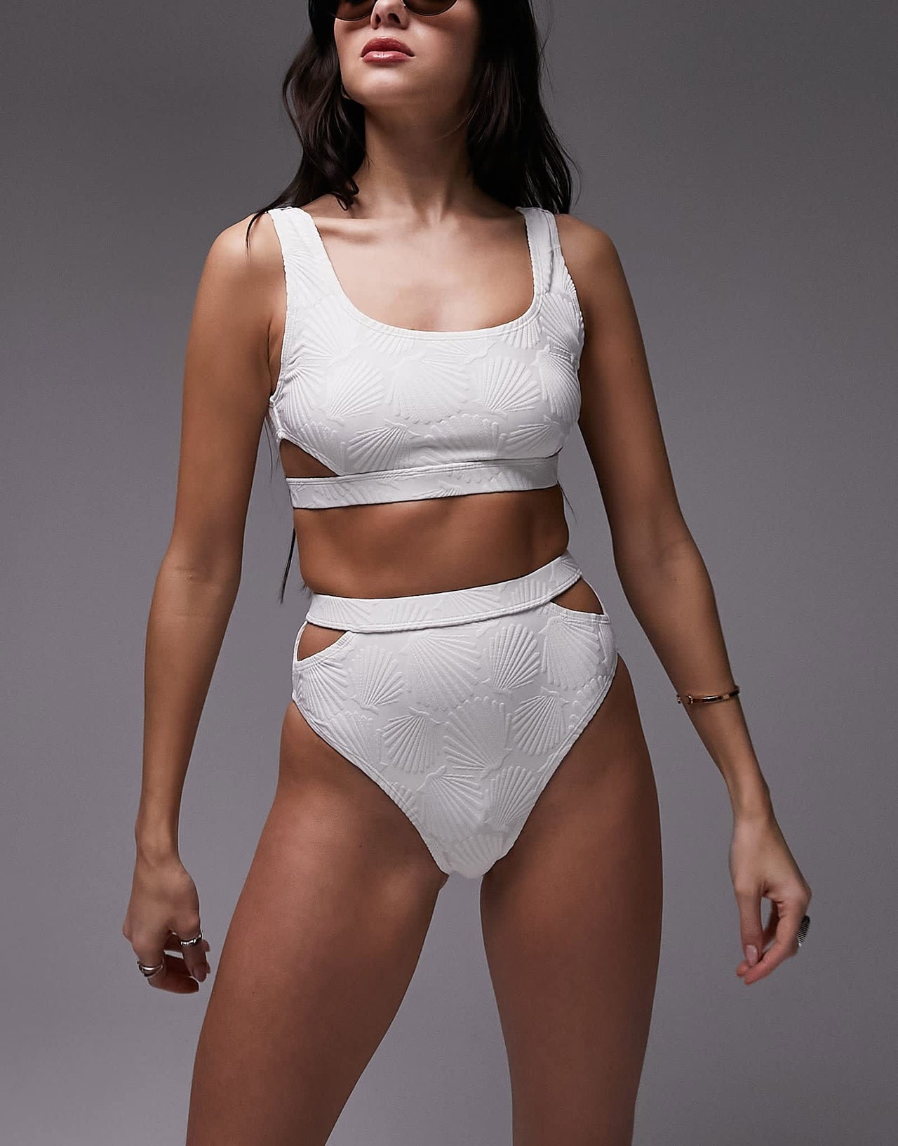 Topshop shell jacquard highwaist cut out bikini bottoms in white - ASOS Sample Sale