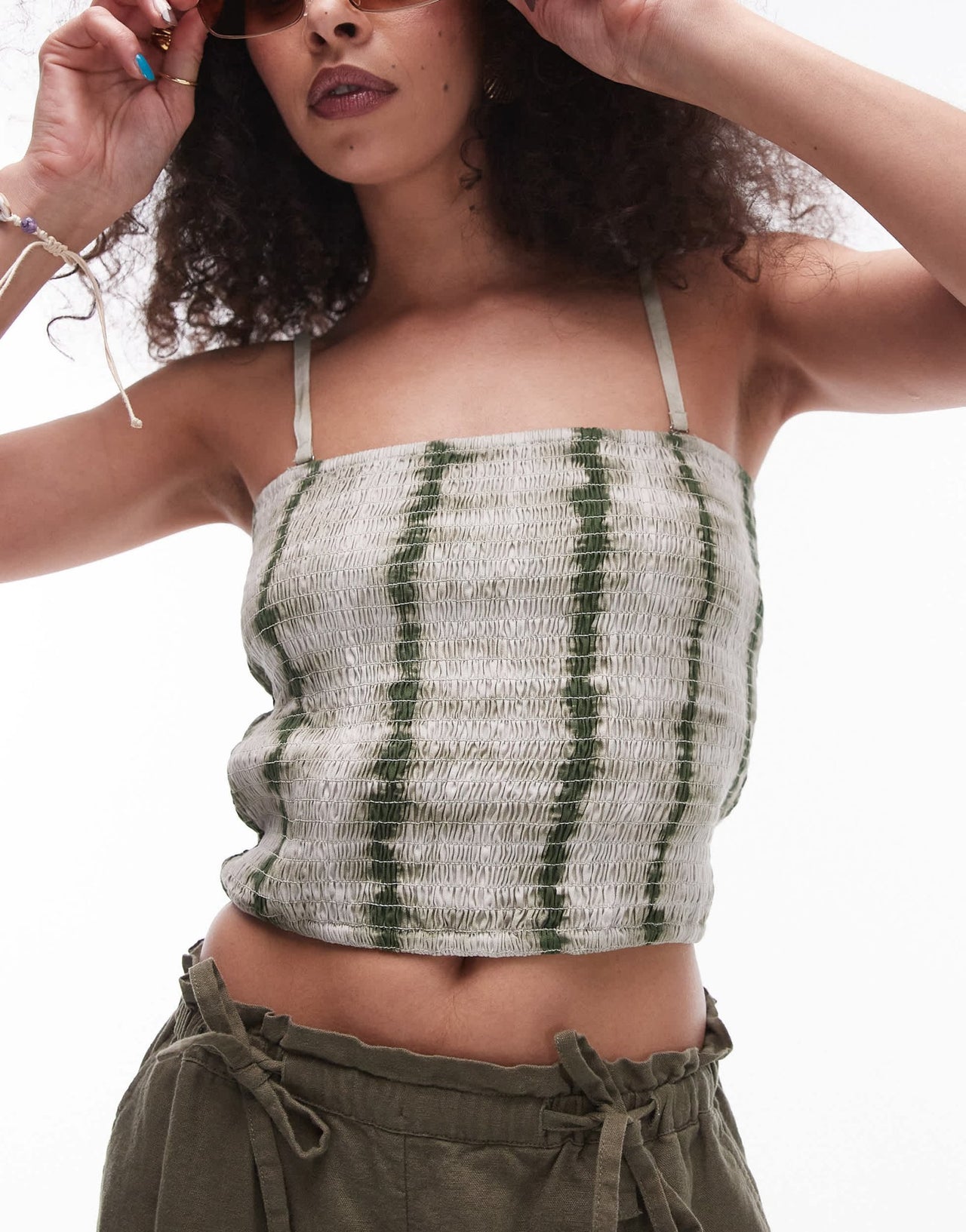 Topshop shirred bandeau top in green tie dye print - ASOS Sample Sale