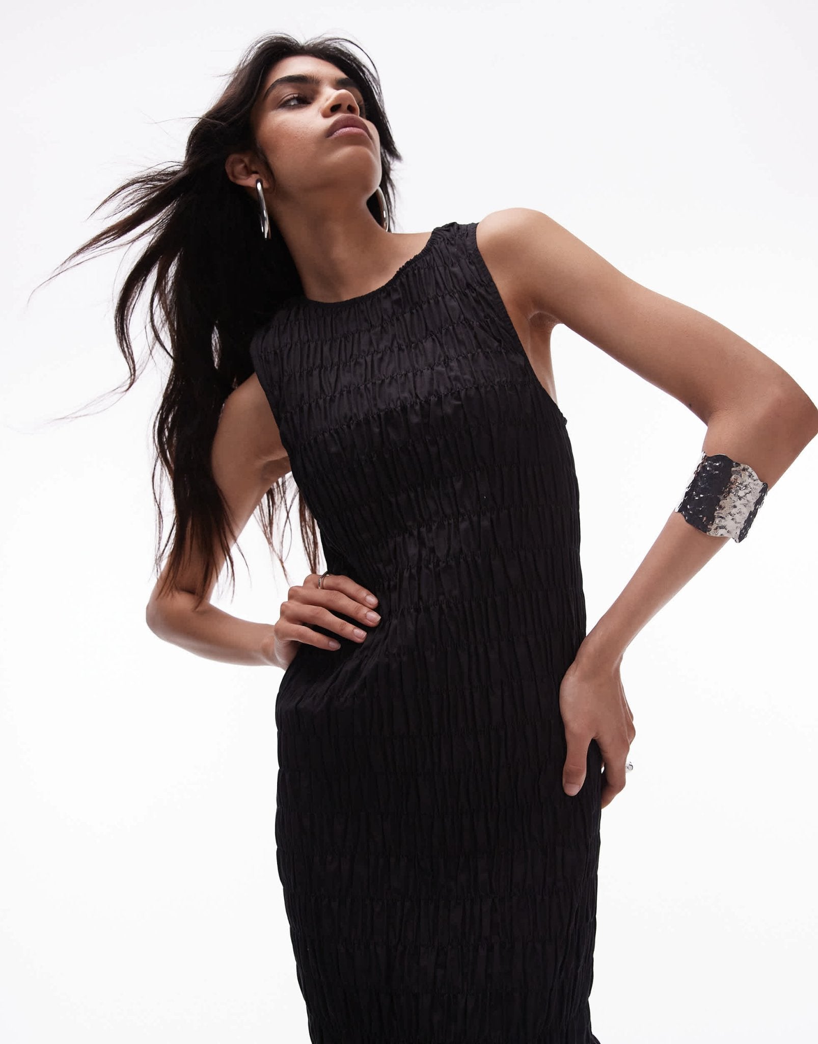 Topshop shirred maxi dress with contrast top stitch in black - ASOS Sample Sale