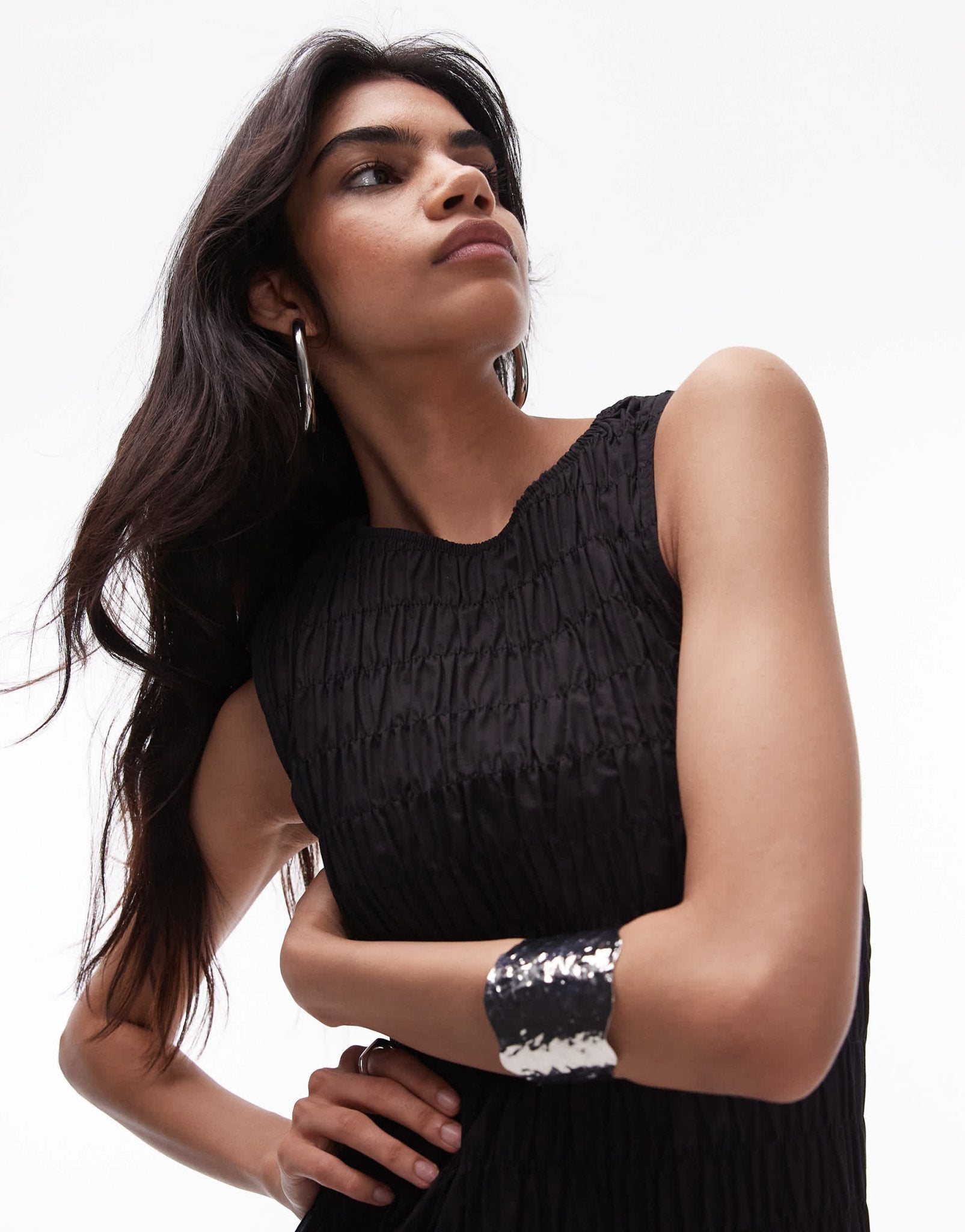 Topshop shirred maxi dress with contrast top stitch in black - ASOS Sample Sale