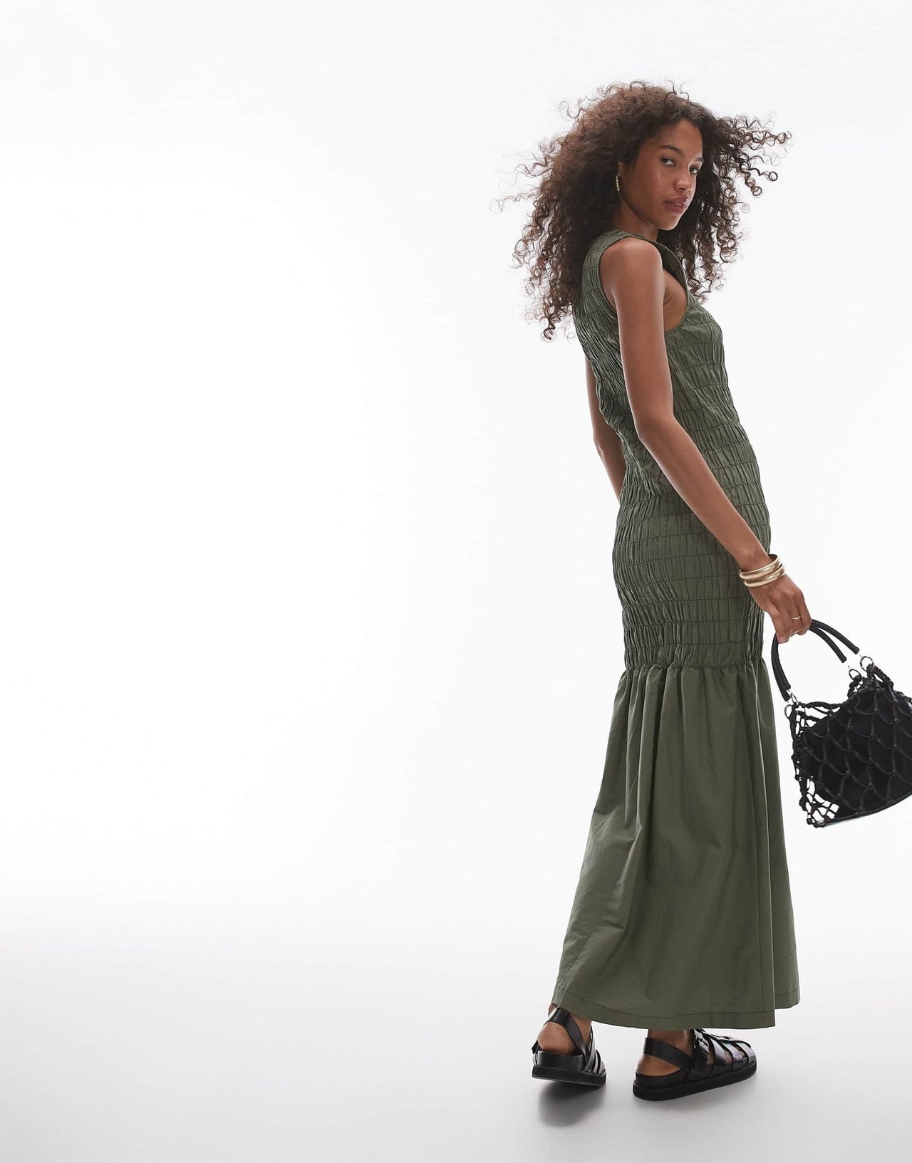 Topshop shirred maxi dress with contrast top stitch in khaki - ASOS Sample Sale