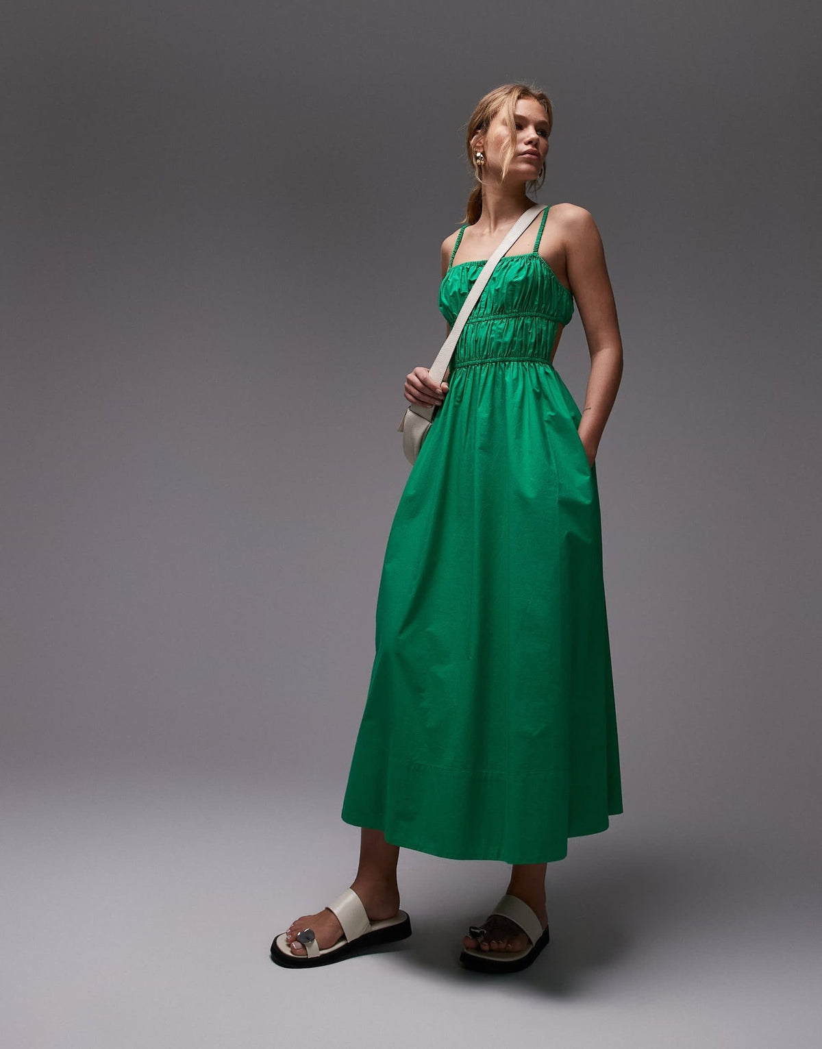 Topshop shirred poplin midi dress in green - ASOS Sample Sale