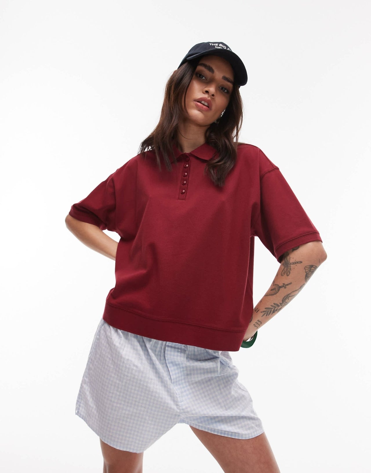 Topshop short sleeve boxy polo in burgundy - ASOS Sample Sale