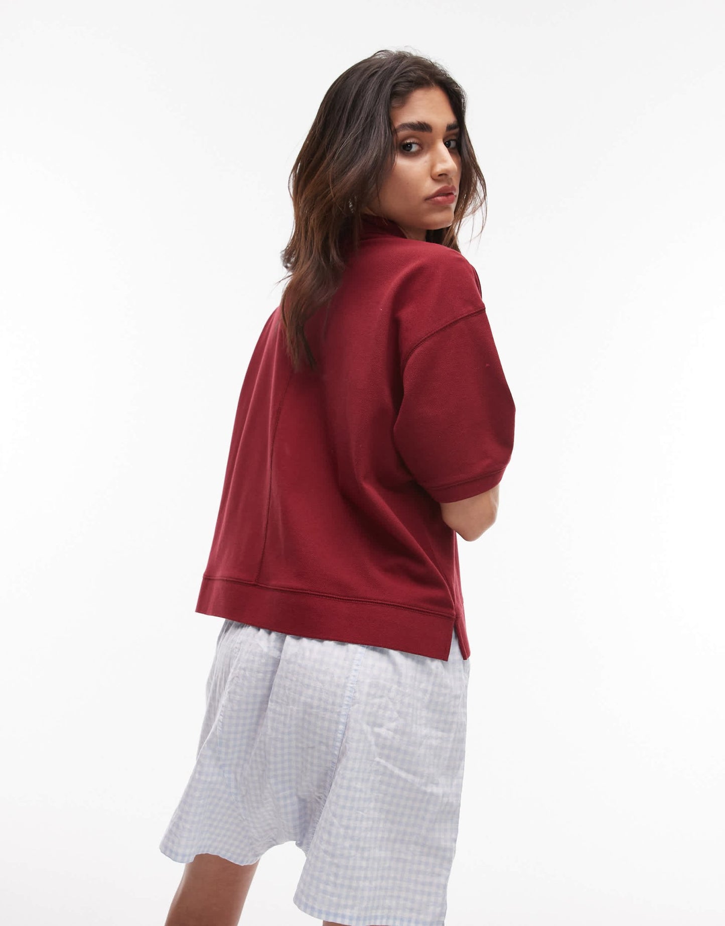 Topshop short sleeve boxy polo in burgundy - ASOS Sample Sale