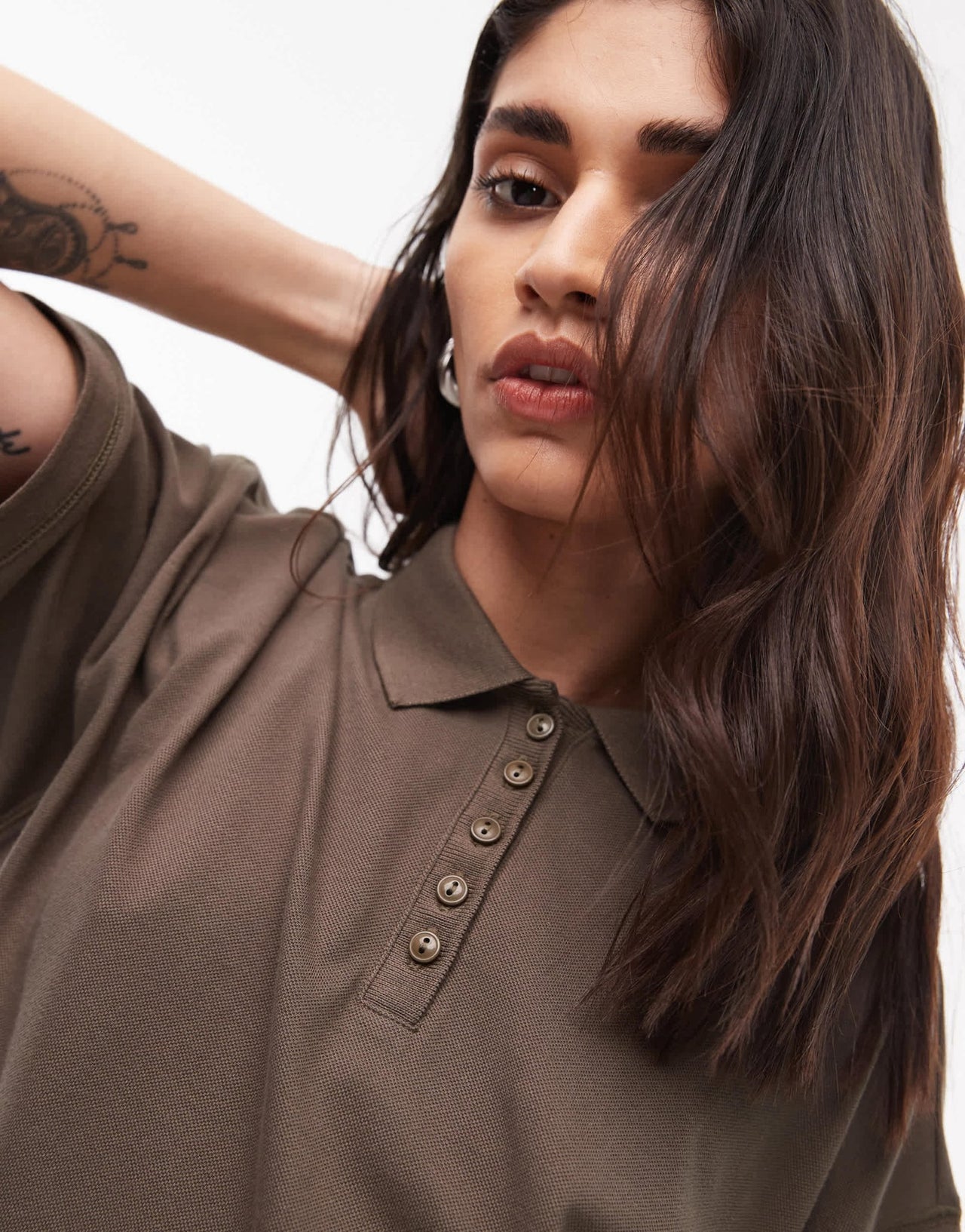 Topshop short sleeve boxy polo in khaki - ASOS Sample Sale