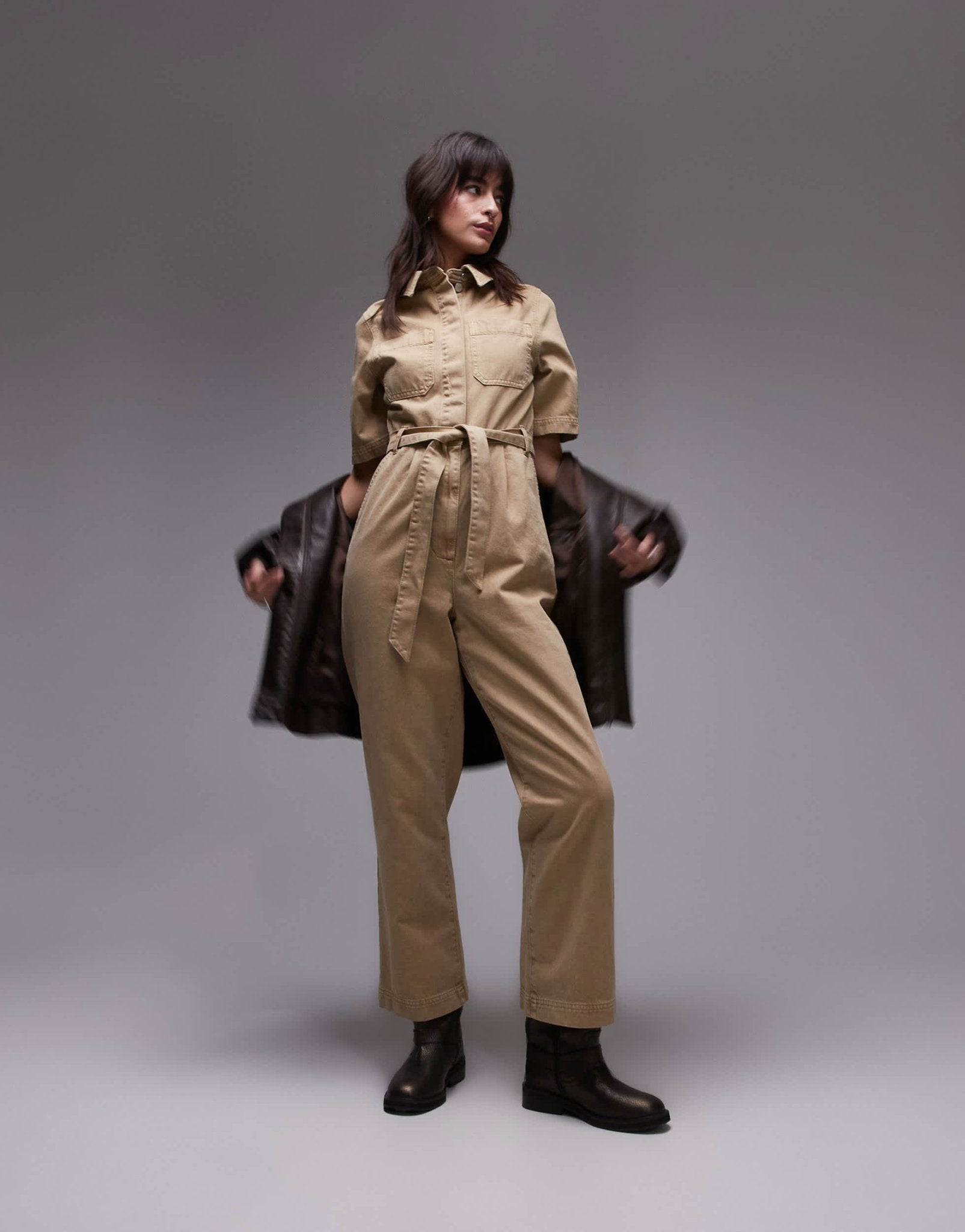 Topshop short sleeve jumpsuit in stone - ASOS Sample Sale