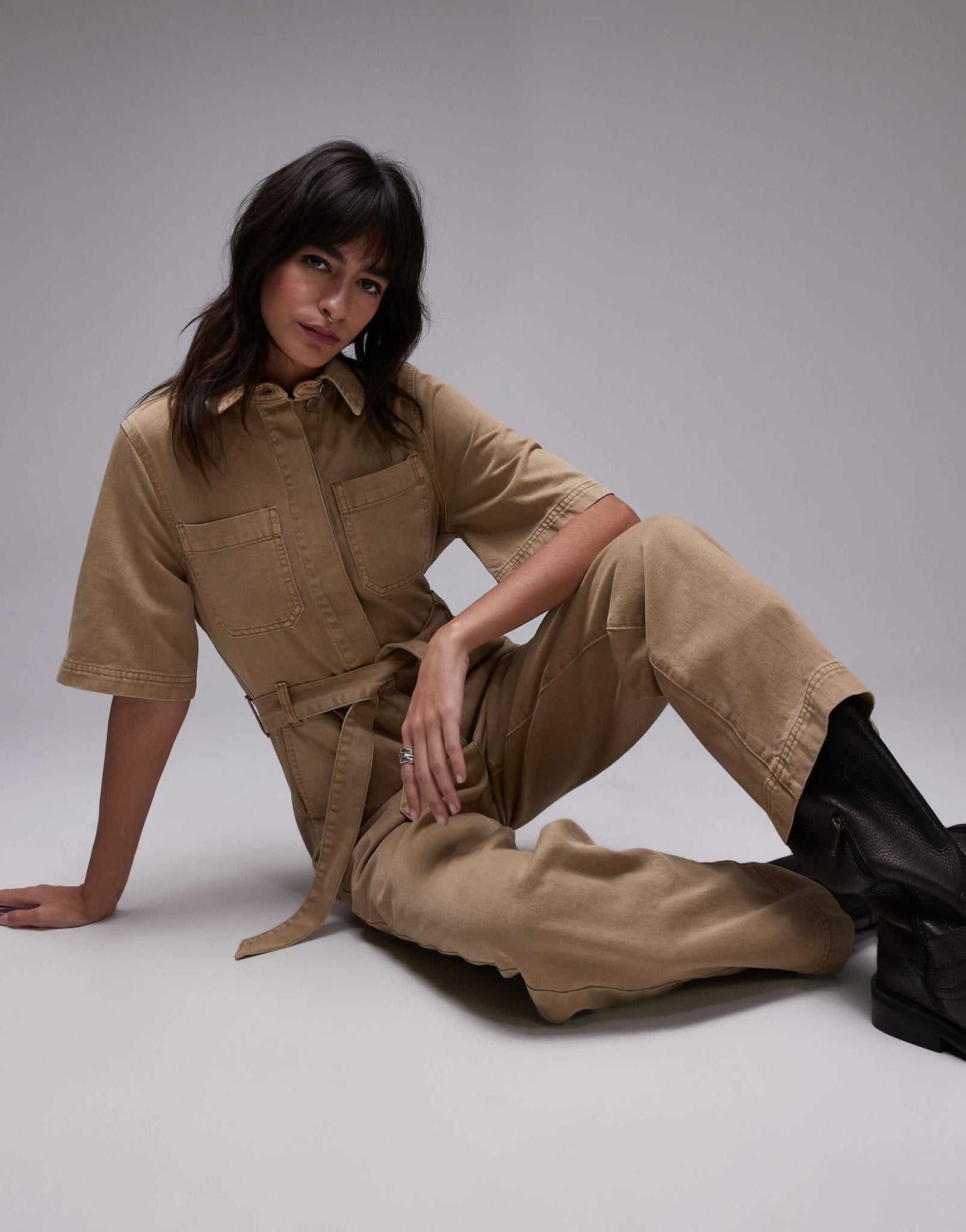 Topshop short sleeve jumpsuit in stone - ASOS Sample Sale