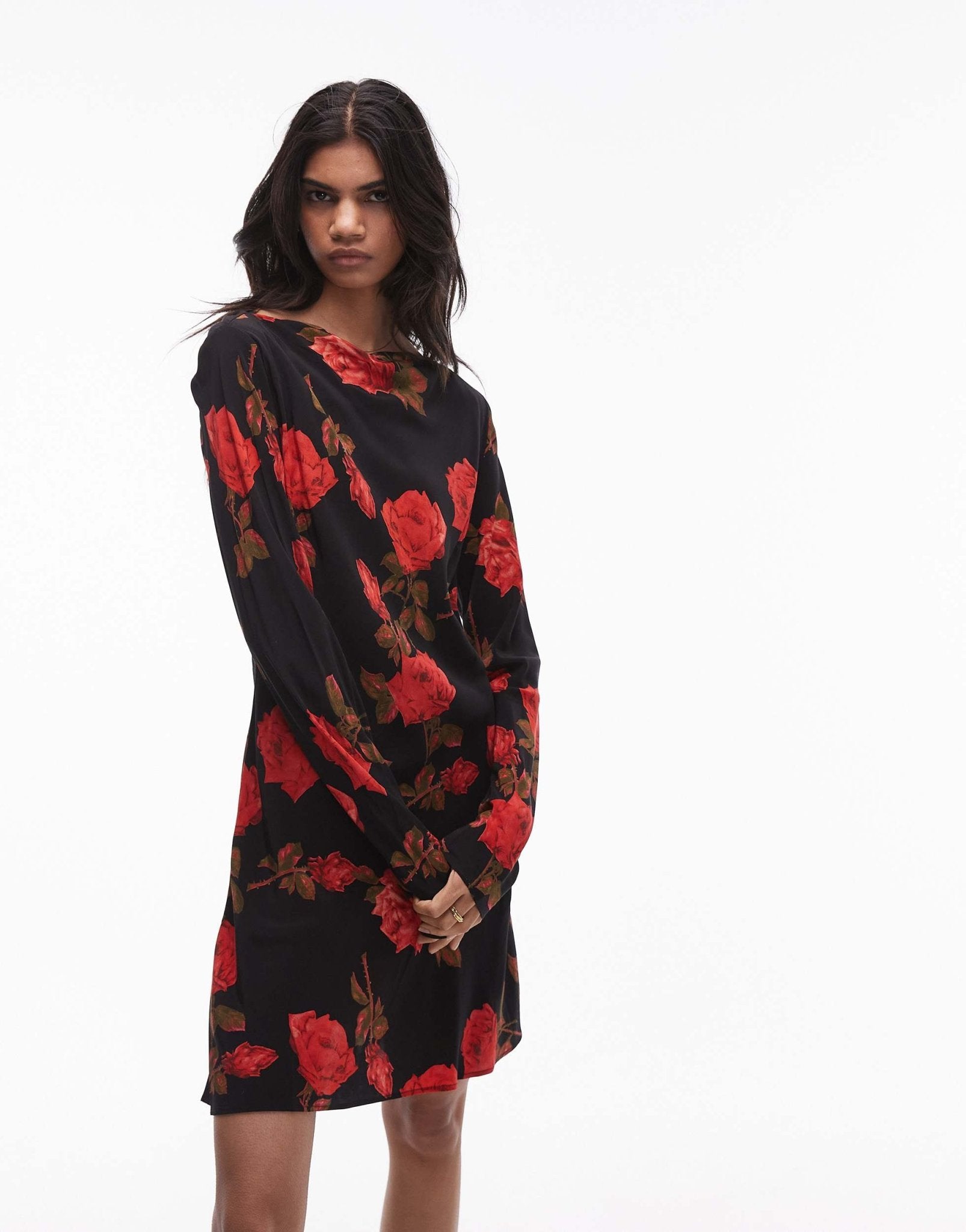 Topshop slash neck bias mini tea dress in rose floral - ASOS Sample Sale
