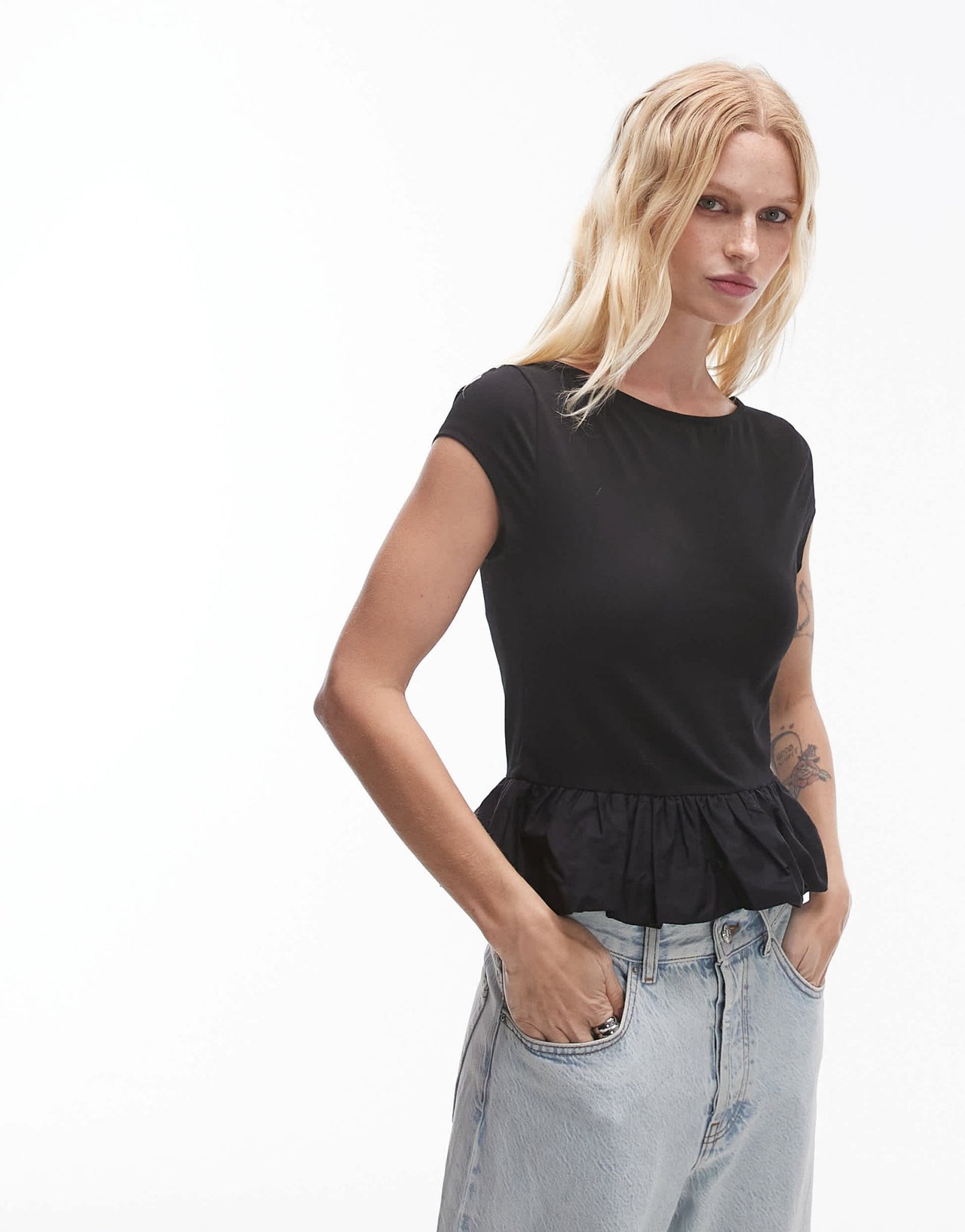 Topshop slash neck peplum bubble top in black - ASOS Sample Sale
