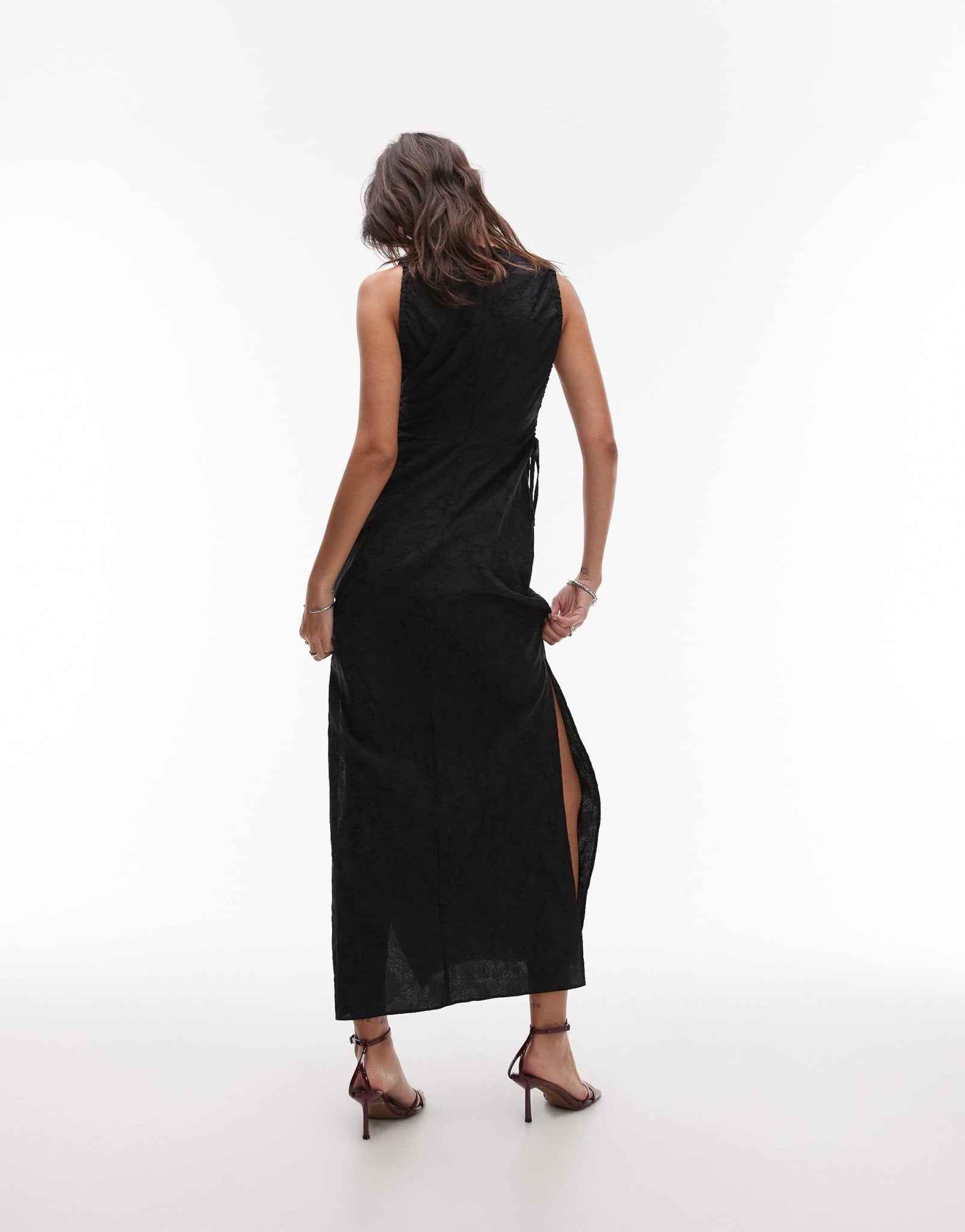 Topshop slash neck ruched side maxi dress in black jacquard - ASOS Sample Sale