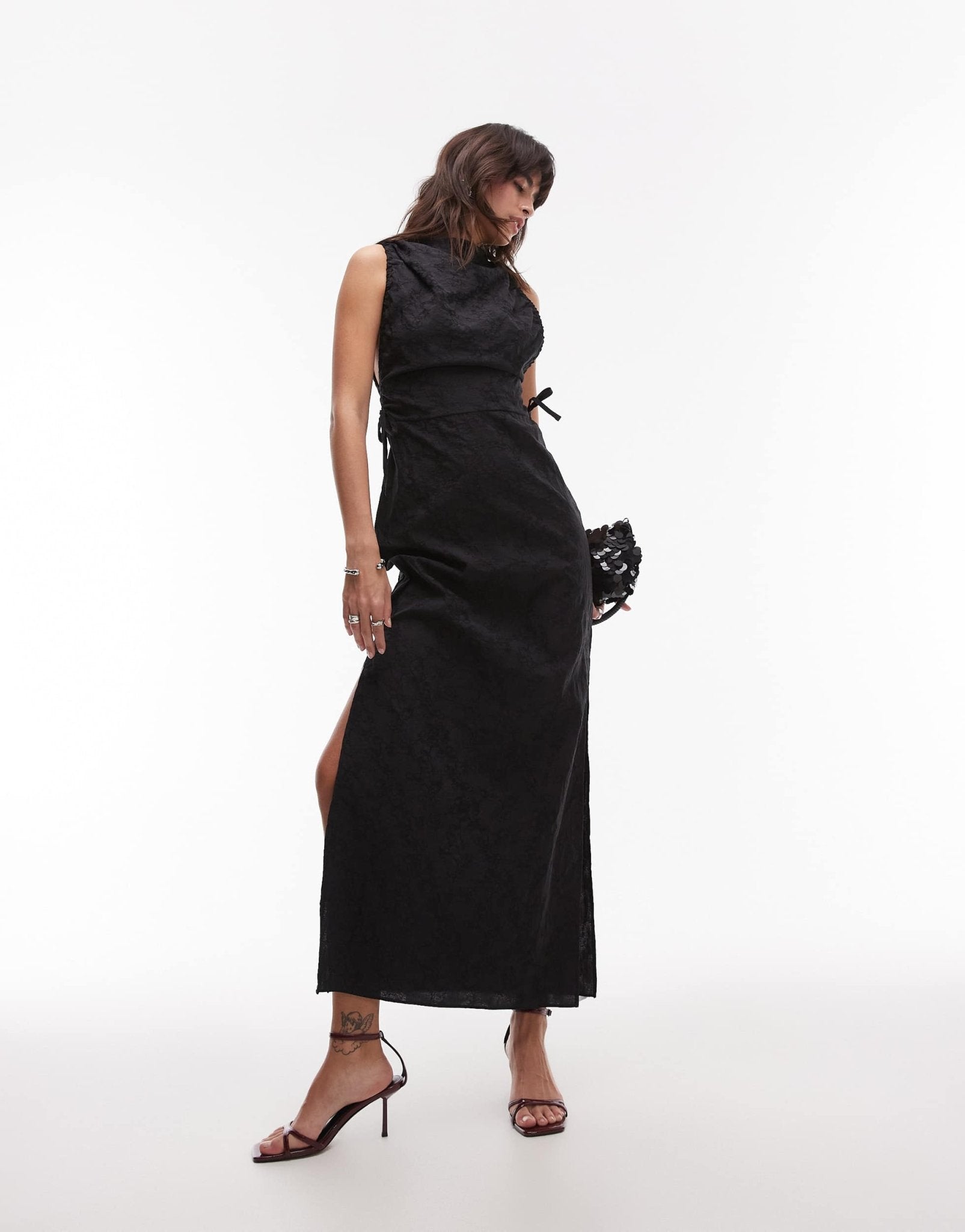 Topshop slash neck ruched side maxi dress in black jacquard - ASOS Sample Sale