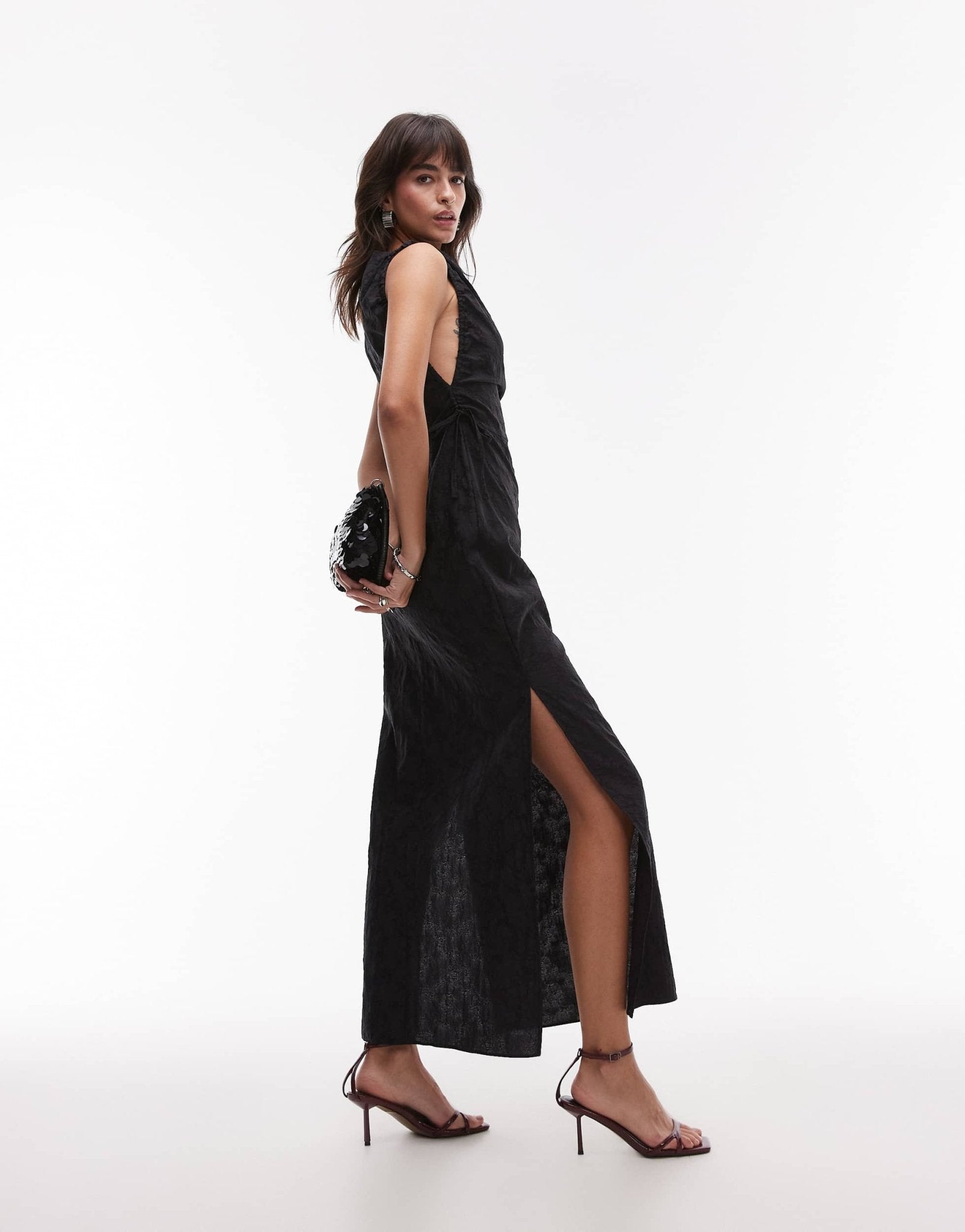 Topshop slash neck ruched side maxi dress in black jacquard - ASOS Sample Sale