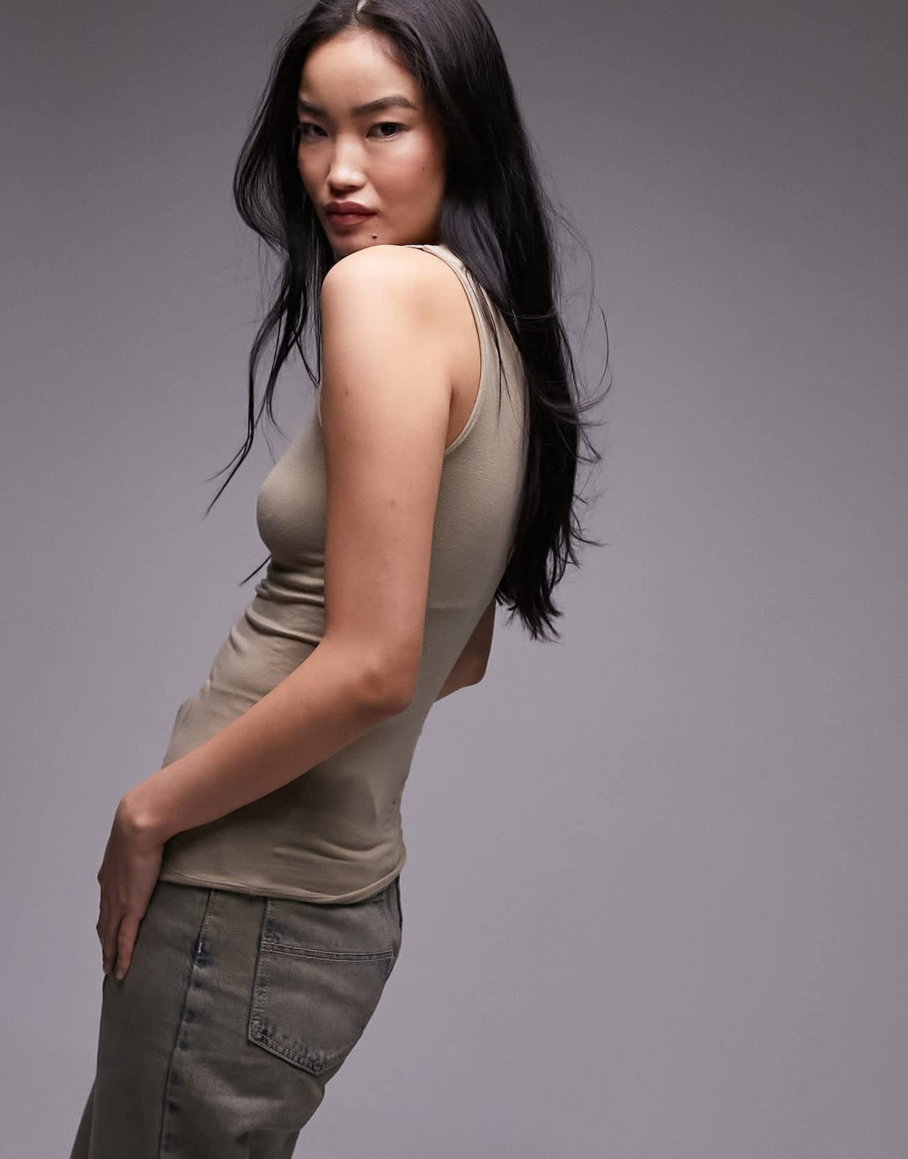 Topshop slash neck tank in khaki - ASOS Sample Sale
