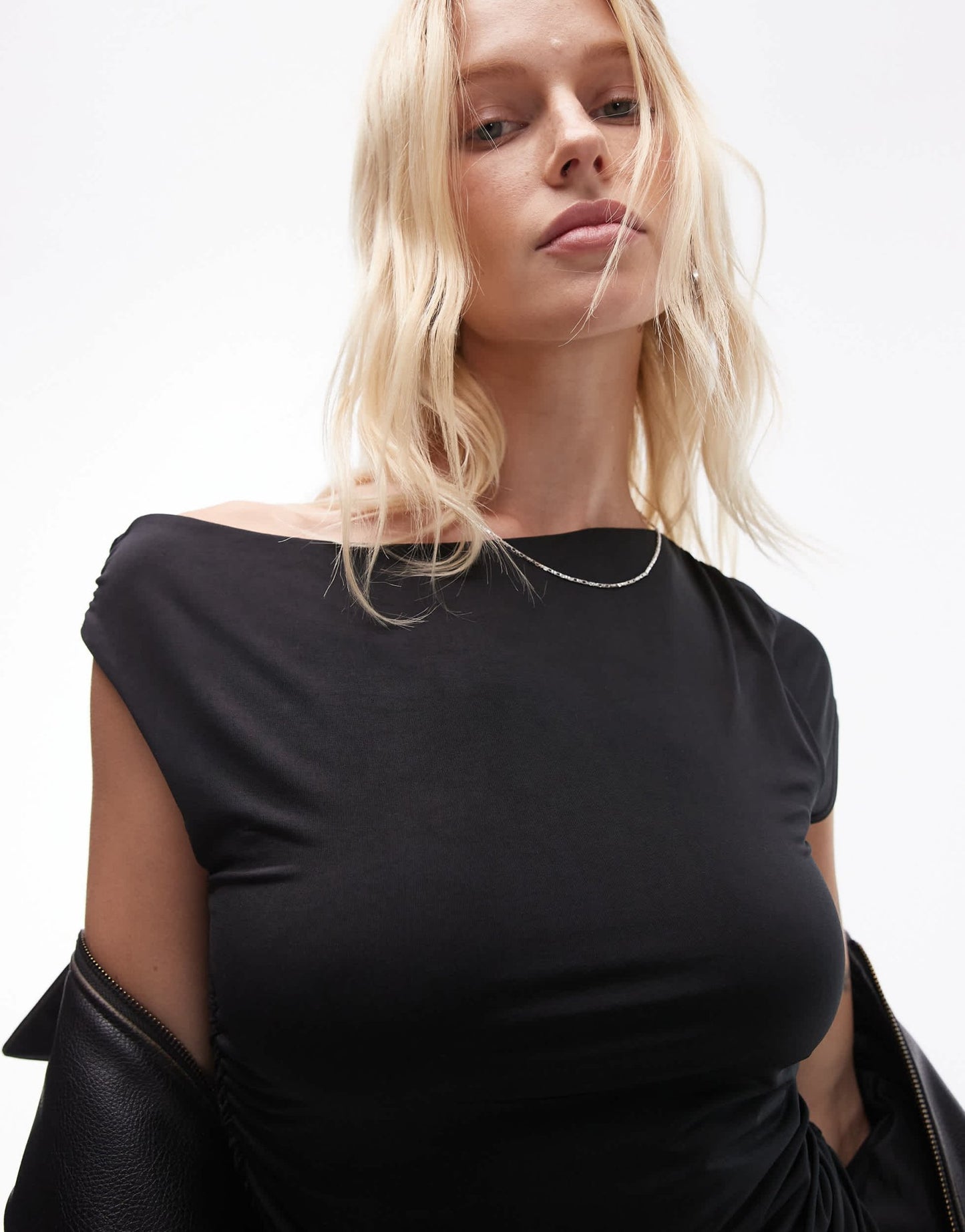 Topshop slinky asymmetric off the shoulder mini dress in black - ASOS Sample Sale