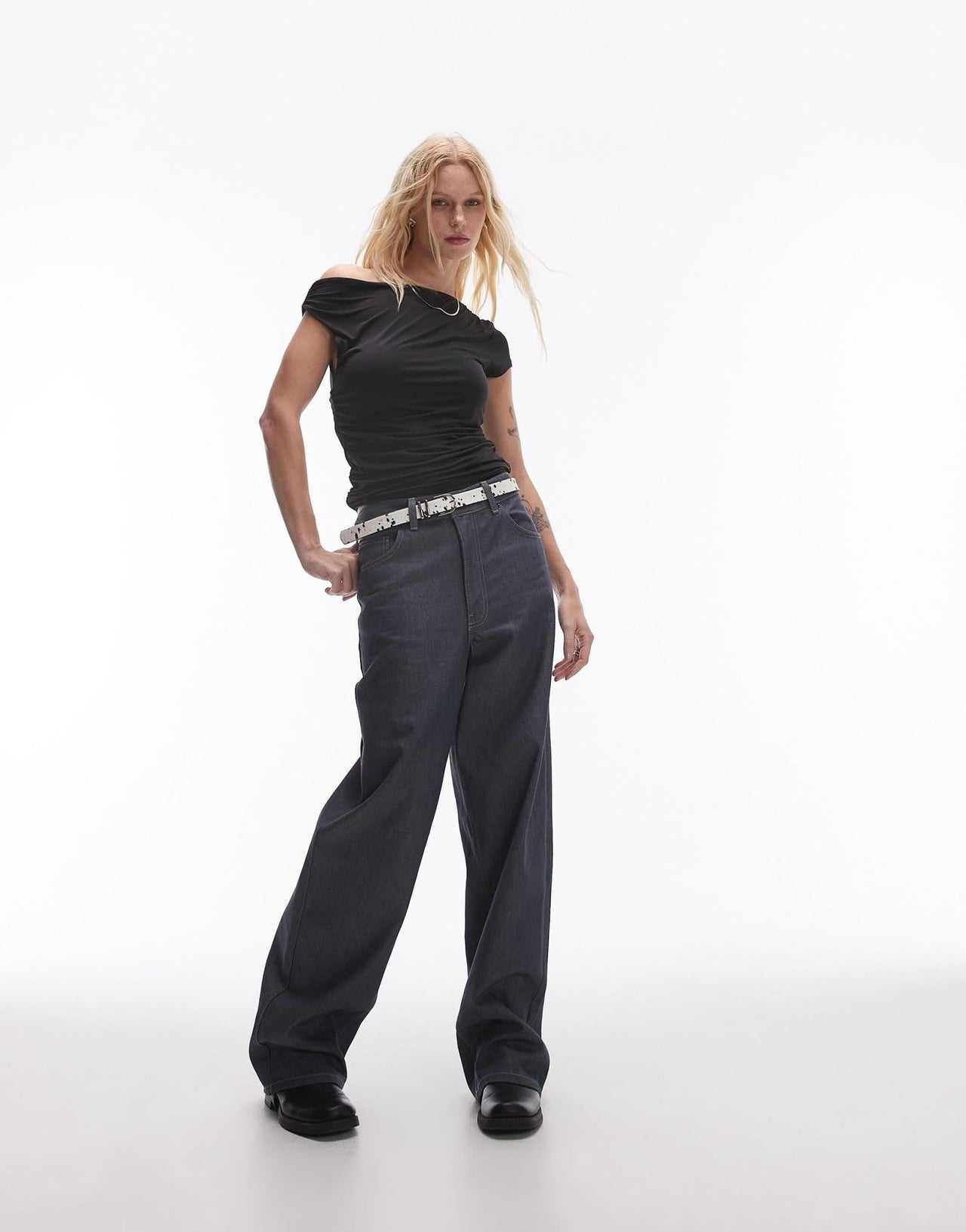 Topshop slinky asymmetric off the shoulder top in black - ASOS Sample Sale
