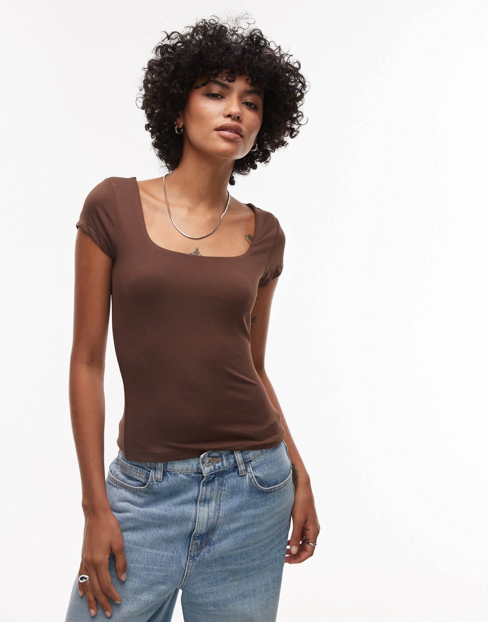 Topshop slinky cap sleeve top in chocolate brown - ASOS Sample Sale