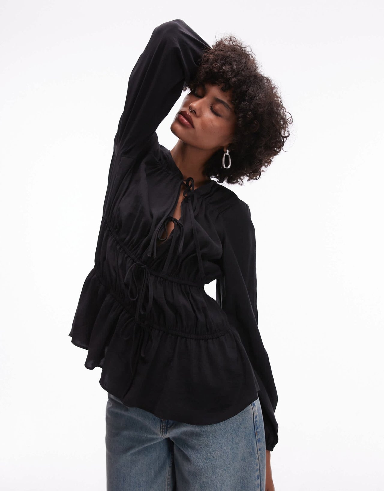 Topshop soft touch tie front tiered top in black - ASOS Sample Sale