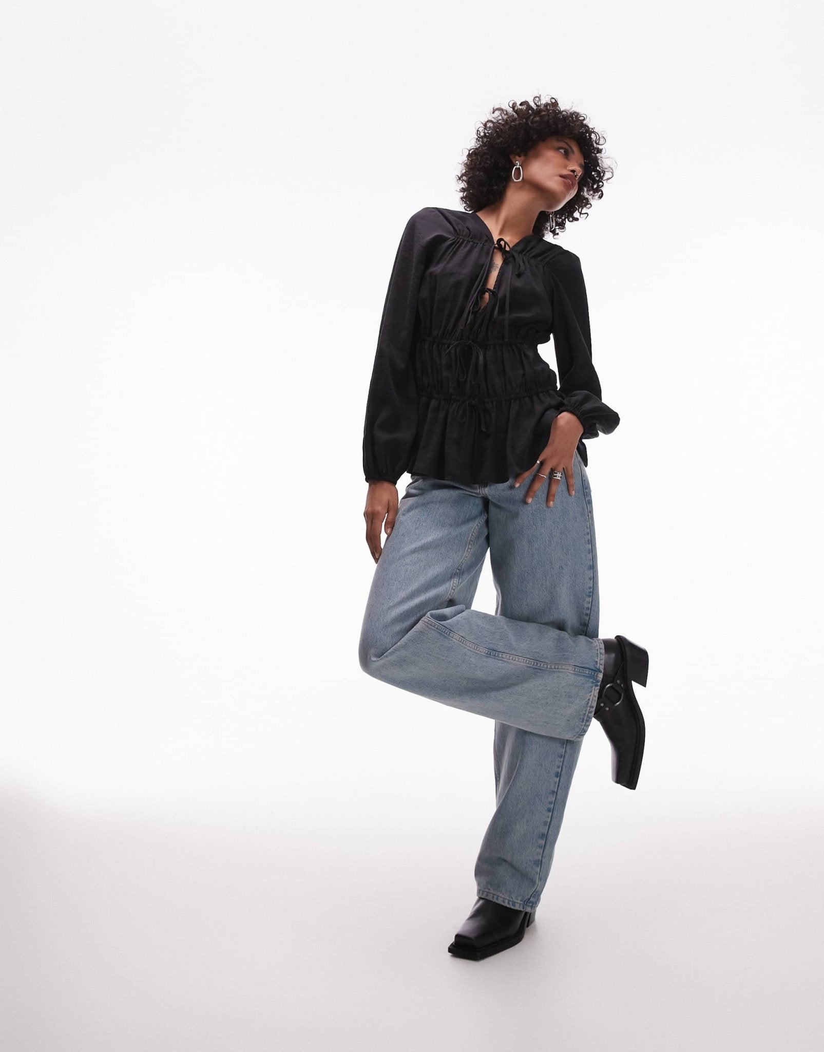 Topshop soft touch tie front tiered top in black - ASOS Sample Sale