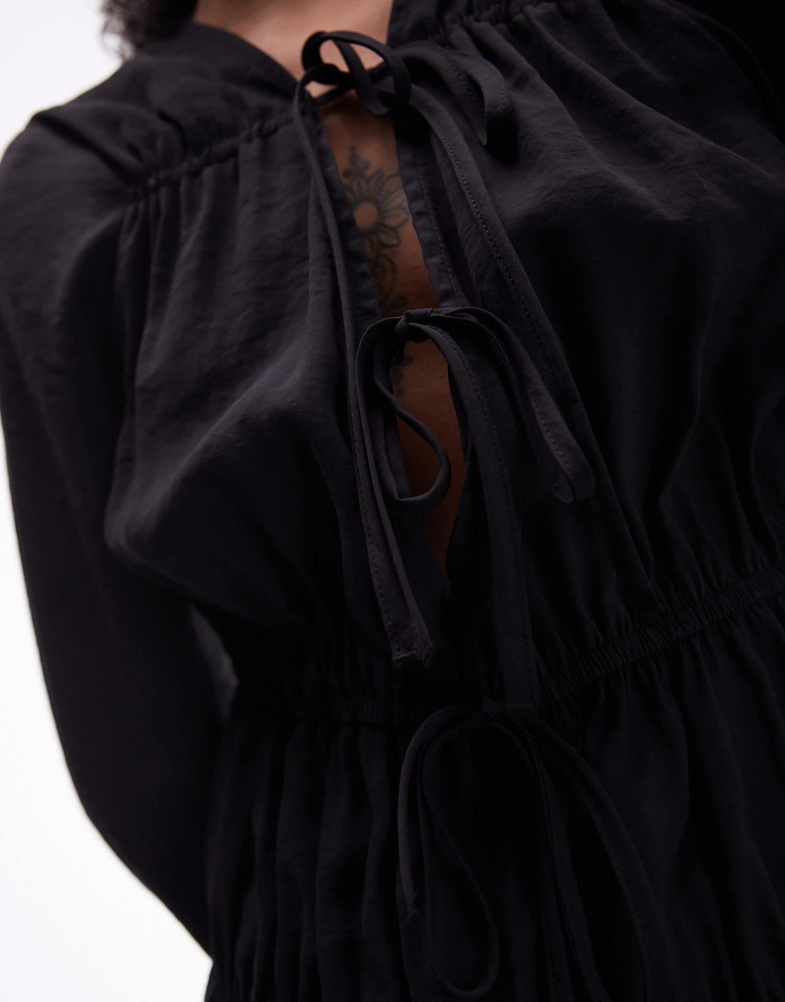 Topshop soft touch tie front tiered top in black - ASOS Sample Sale