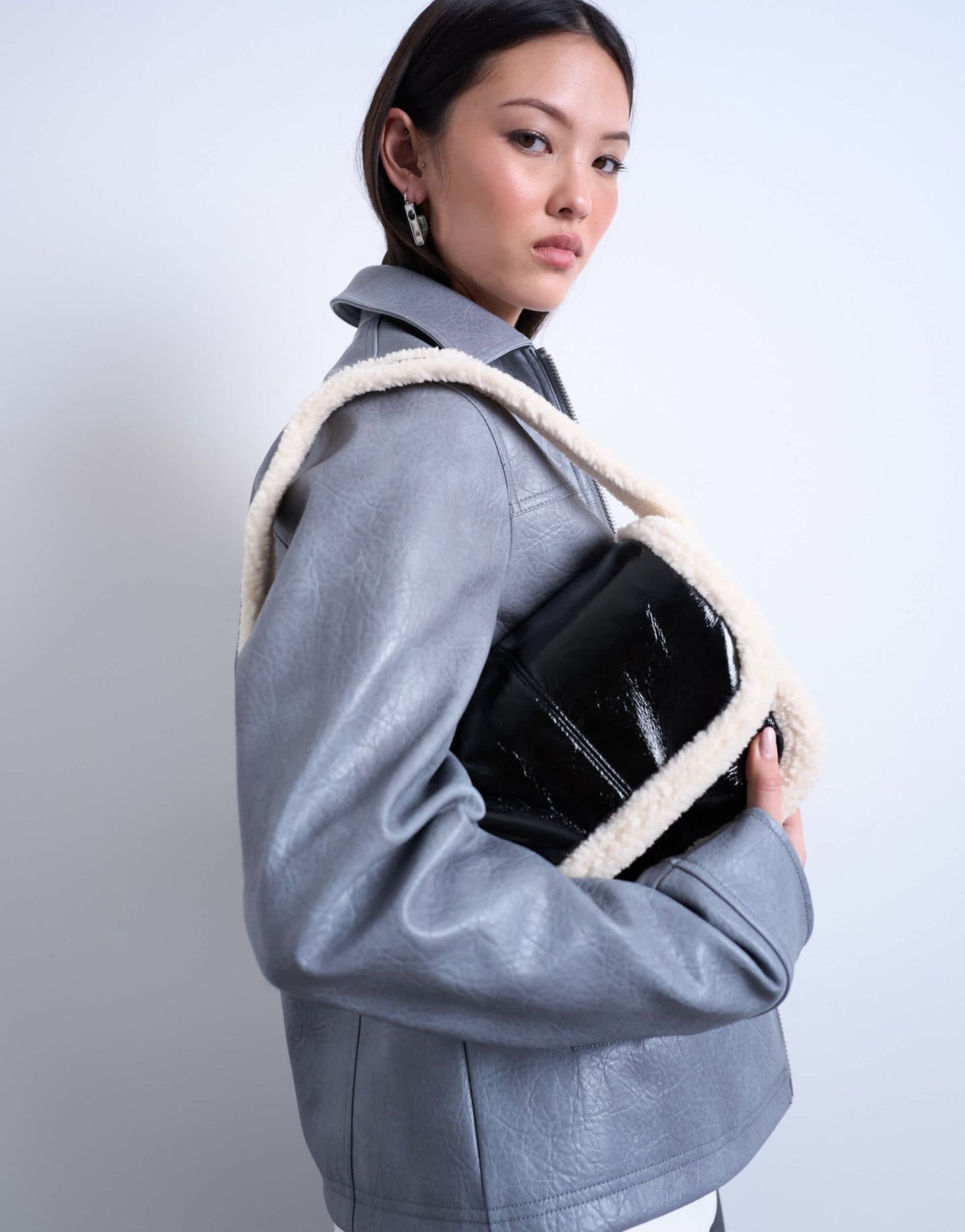 Topshop Solo borg trim shoulder bag in black & white - ASOS Sample Sale