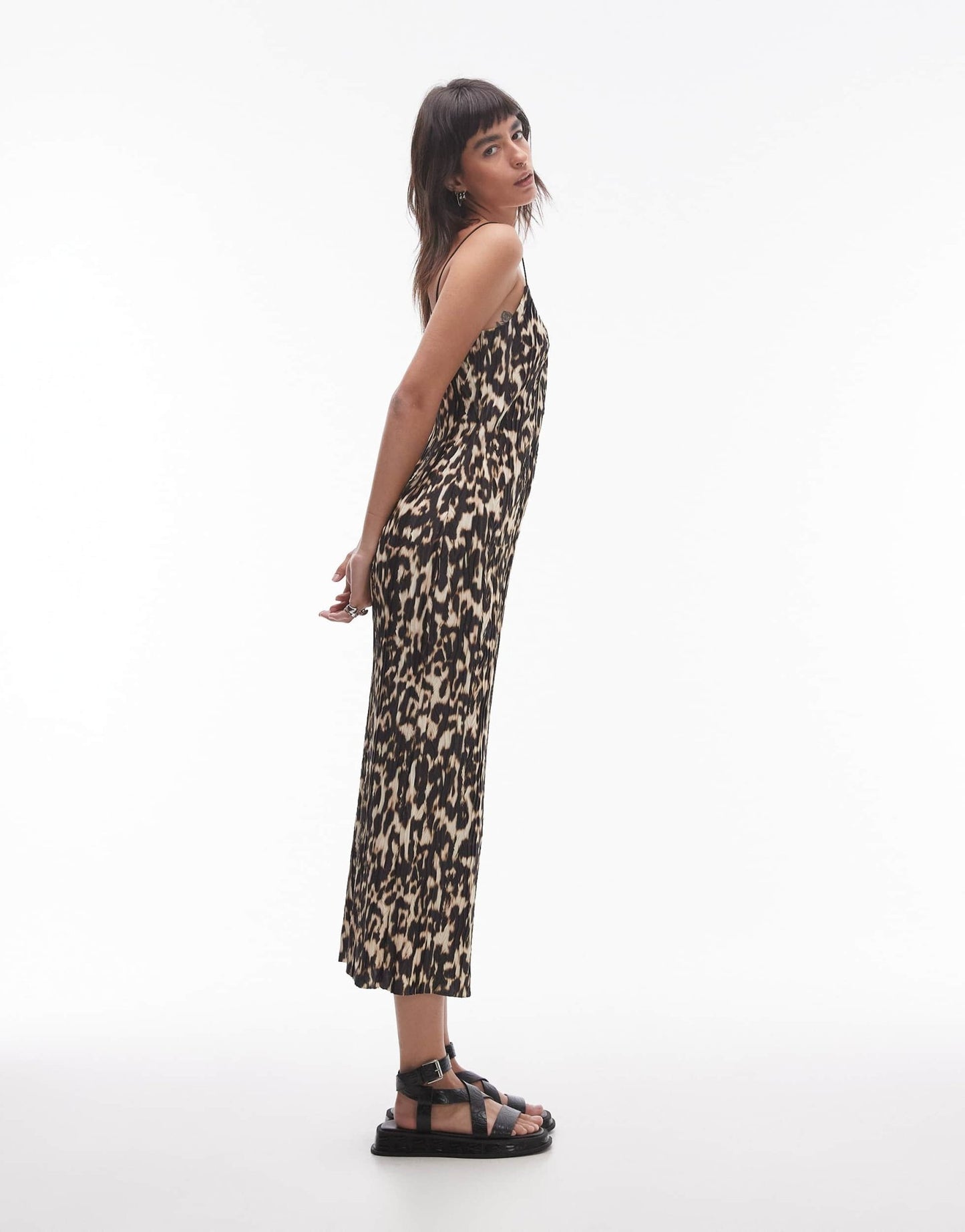 Topshop spaghetti strap crinkle abstract leopard print plisse midi dress in multi - ASOS Sample Sale