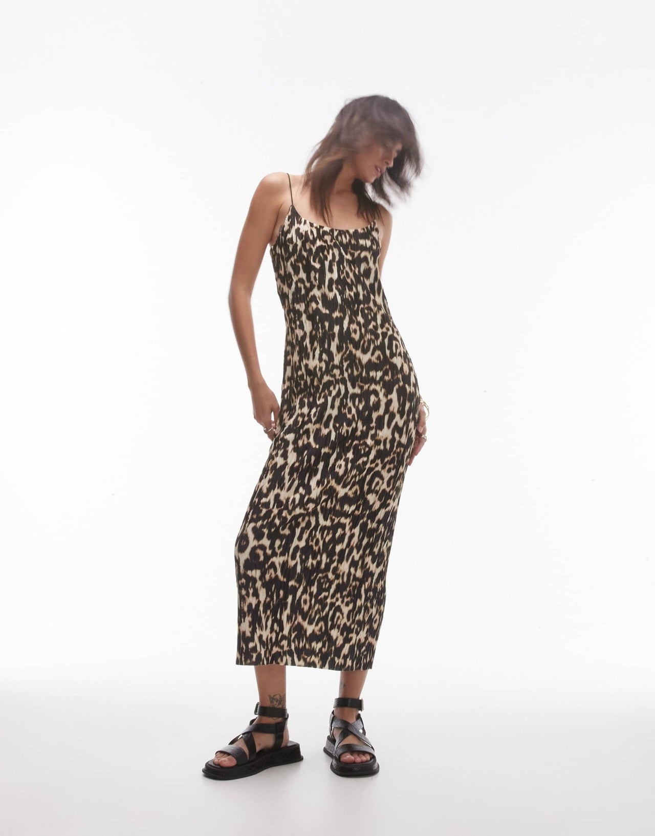Topshop spaghetti strap crinkle abstract leopard print plisse midi dress in multi - ASOS Sample Sale