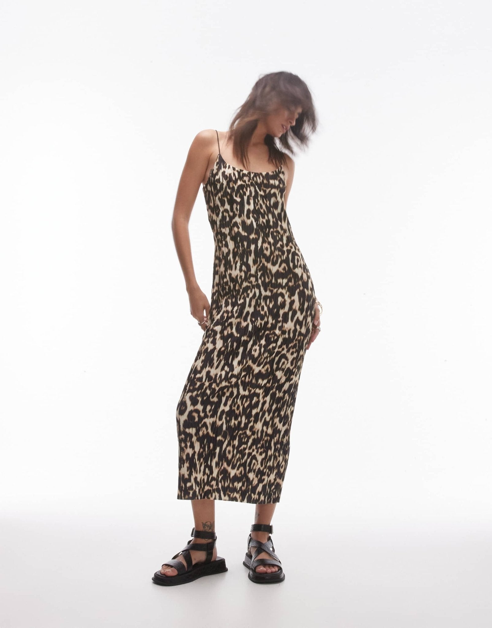 Topshop spaghetti strap crinkle abstract leopard print plisse midi dress in multi - ASOS Sample Sale