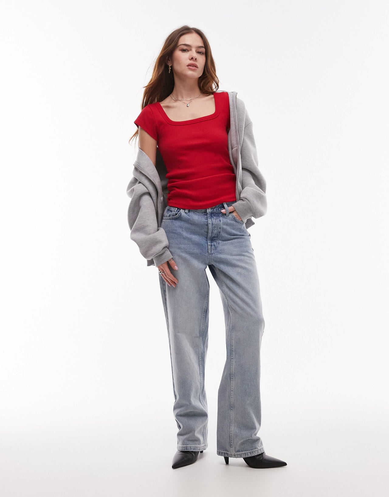 Topshop square neck rib cap sleeve tee in cherry red - ASOS Sample Sale