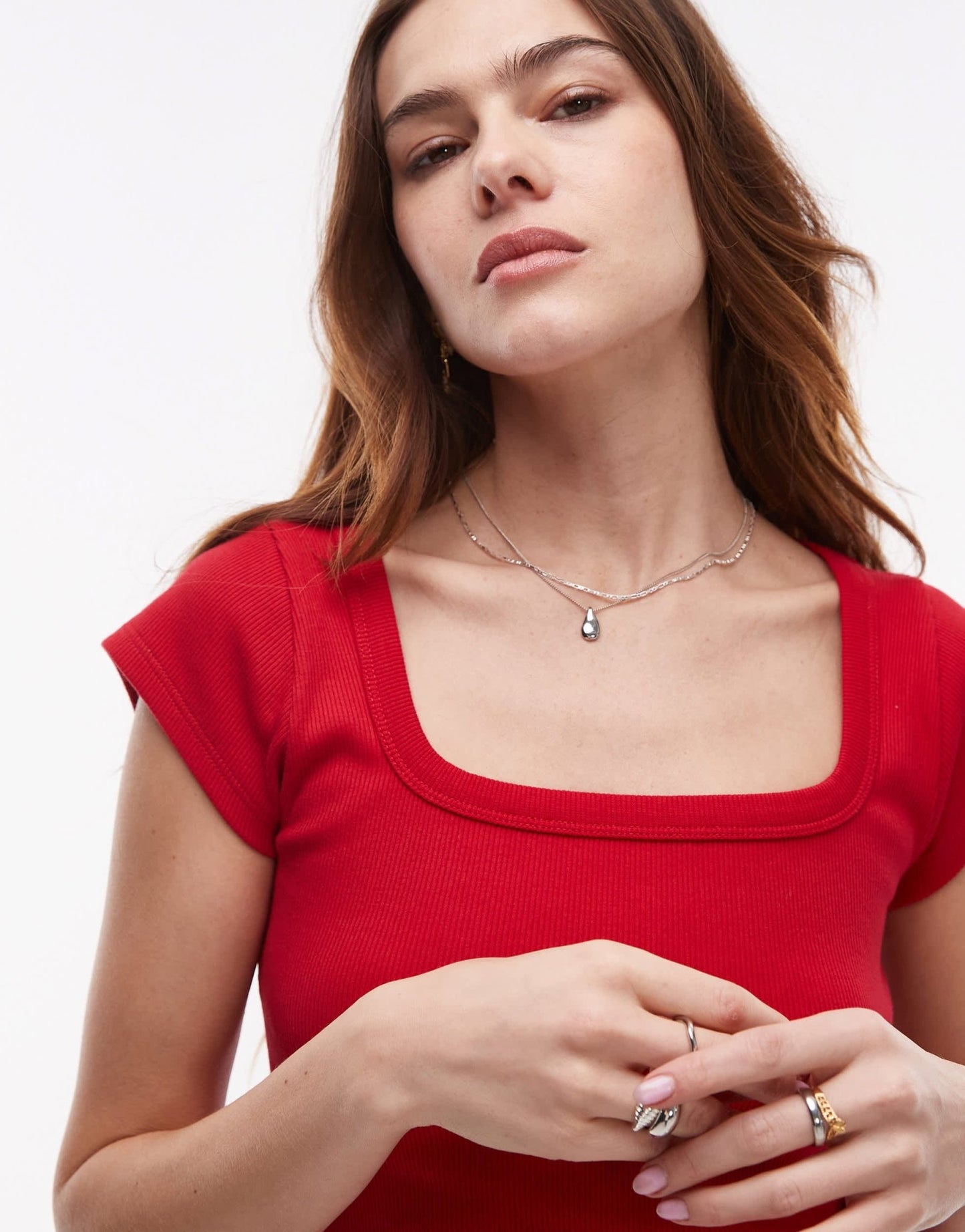 Topshop square neck rib cap sleeve tee in cherry red - ASOS Sample Sale
