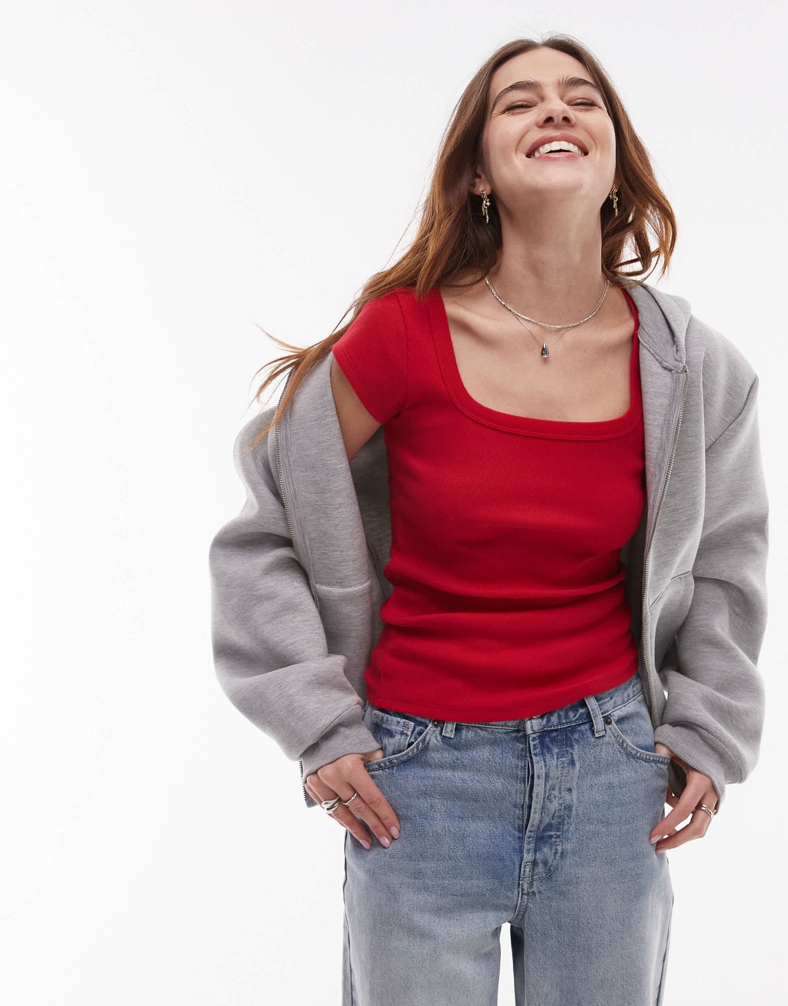 Topshop square neck rib cap sleeve tee in cherry red - ASOS Sample Sale
