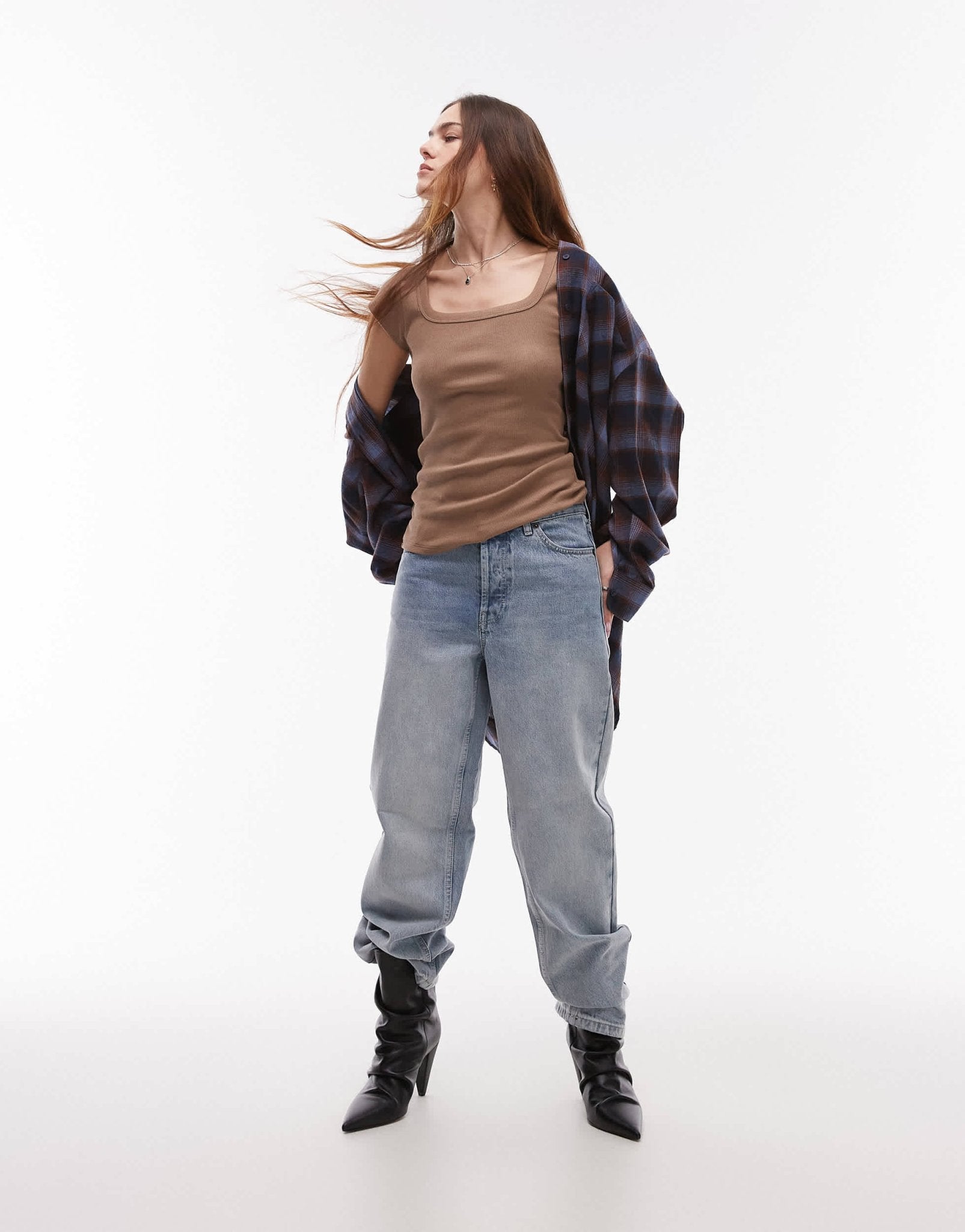 Topshop square neck rib cap sleeve tee in fudge brown - ASOS Sample Sale