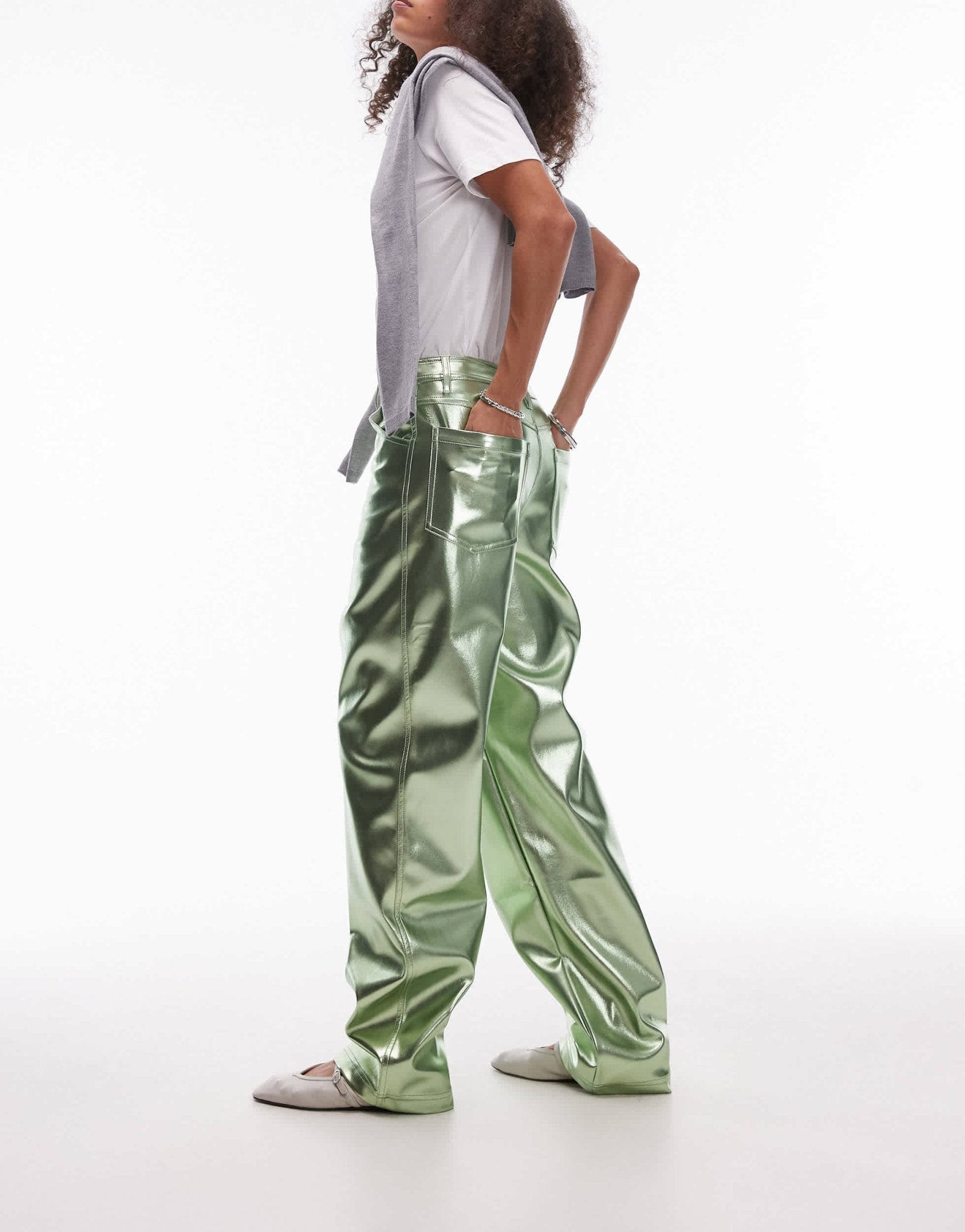 Topshop straight leg faux leather trouser in metallic green - ASOS Sample Sale