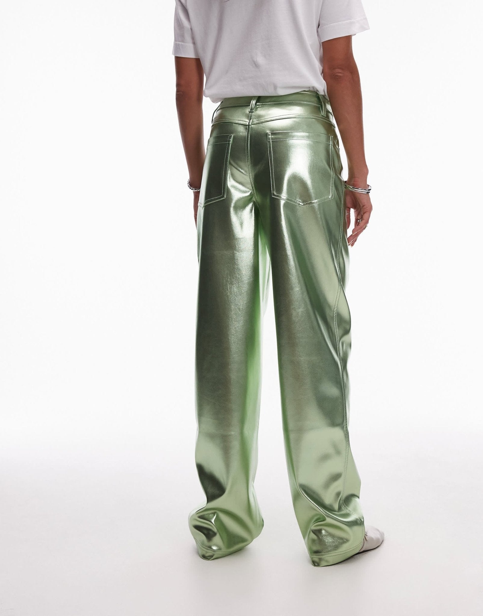 Topshop straight leg faux leather trouser in metallic green - ASOS Sample Sale