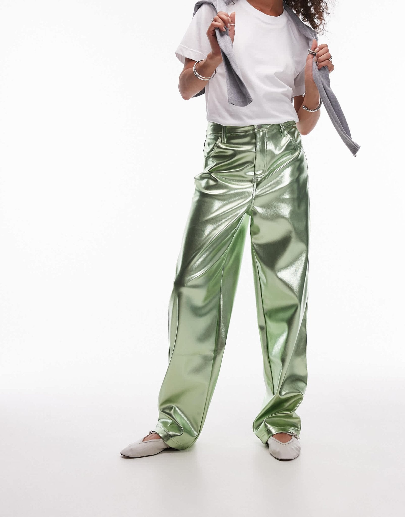 Topshop straight leg faux leather trouser in metallic green - ASOS Sample Sale