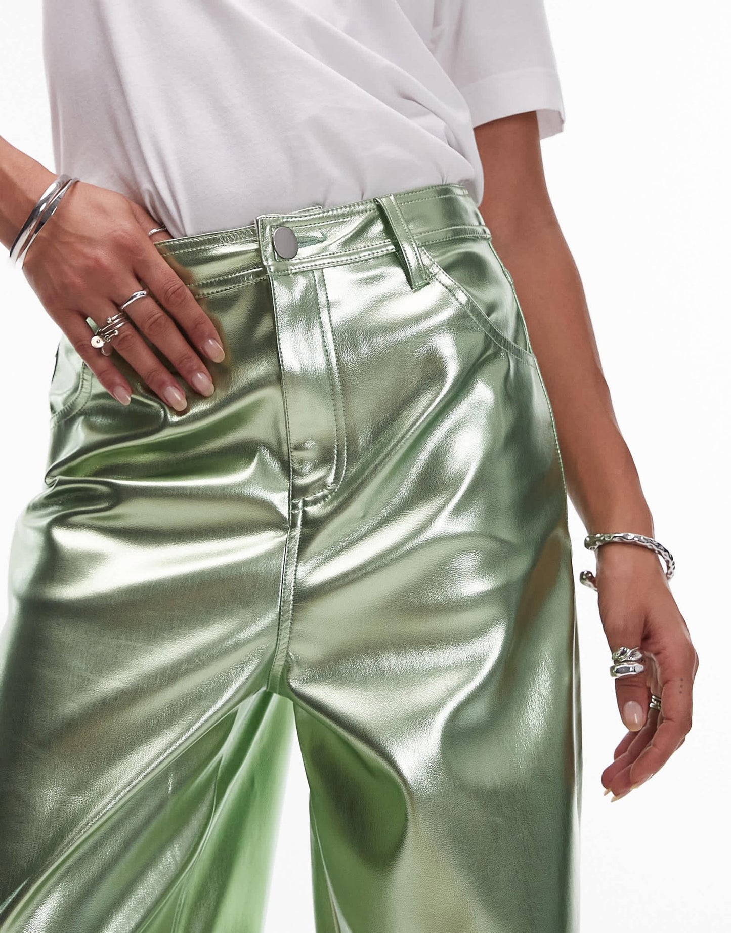 Topshop straight leg faux leather trouser in metallic green - ASOS Sample Sale