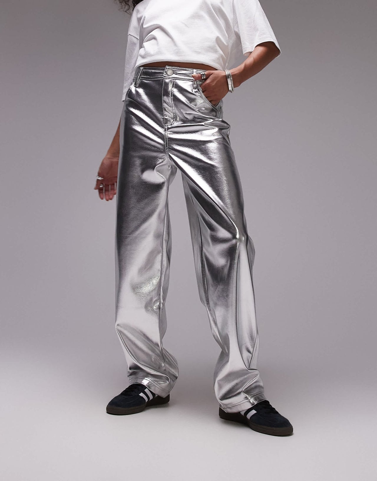 Topshop straight leg faux leather trouser in silver - ASOS Sample Sale