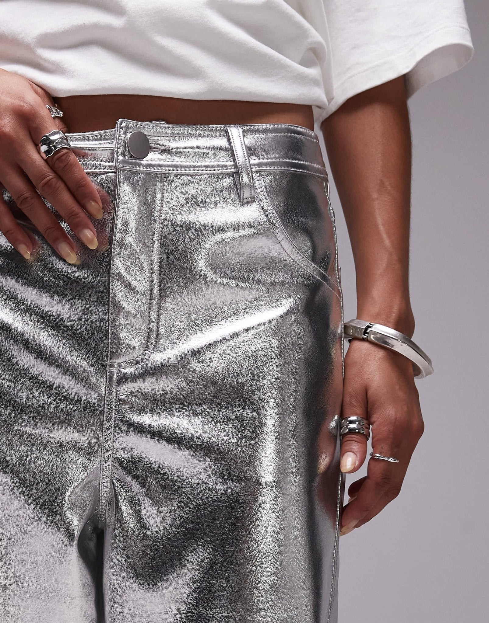 Topshop straight leg faux leather trouser in silver - ASOS Sample Sale