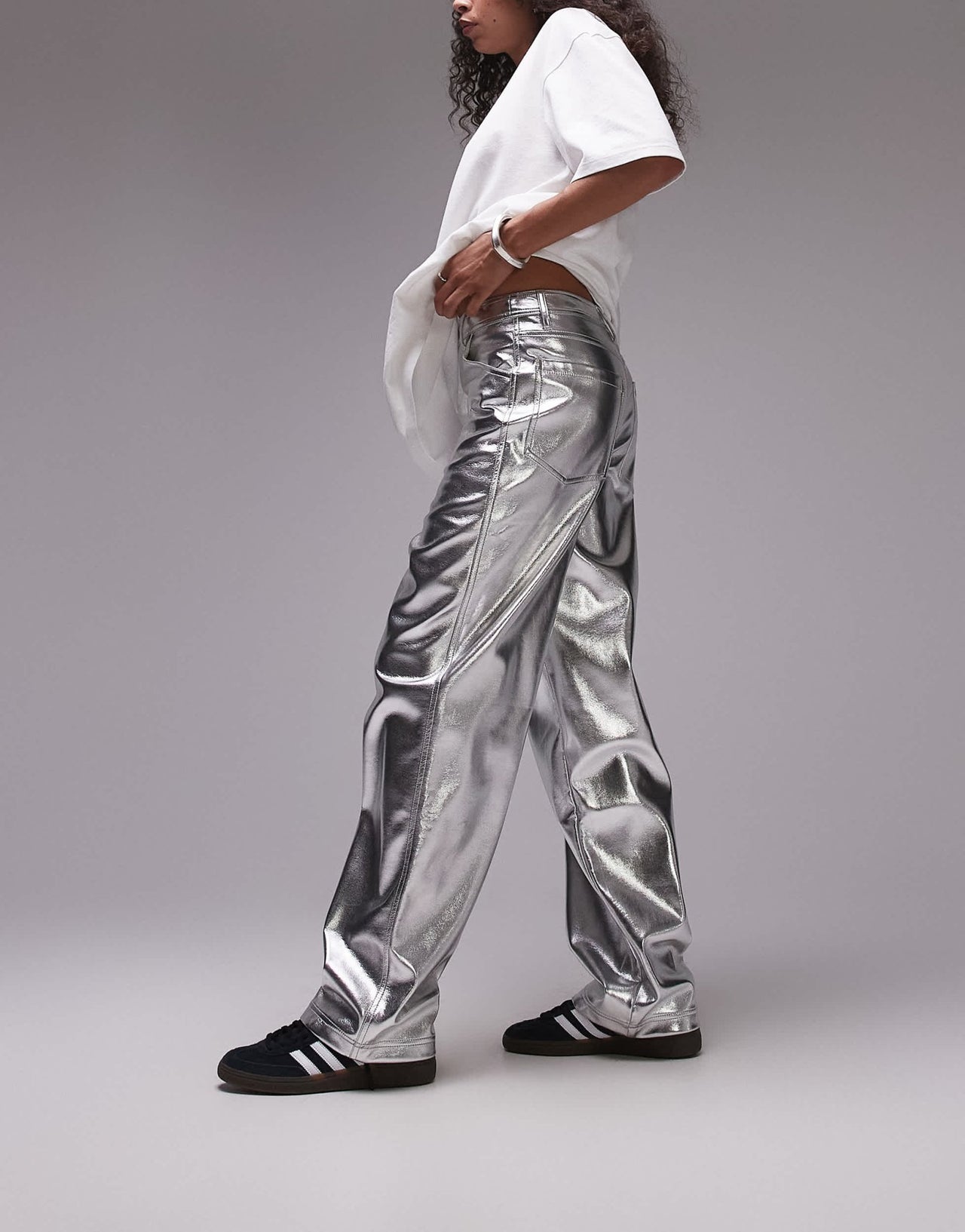Topshop straight leg faux leather trouser in silver - ASOS Sample Sale