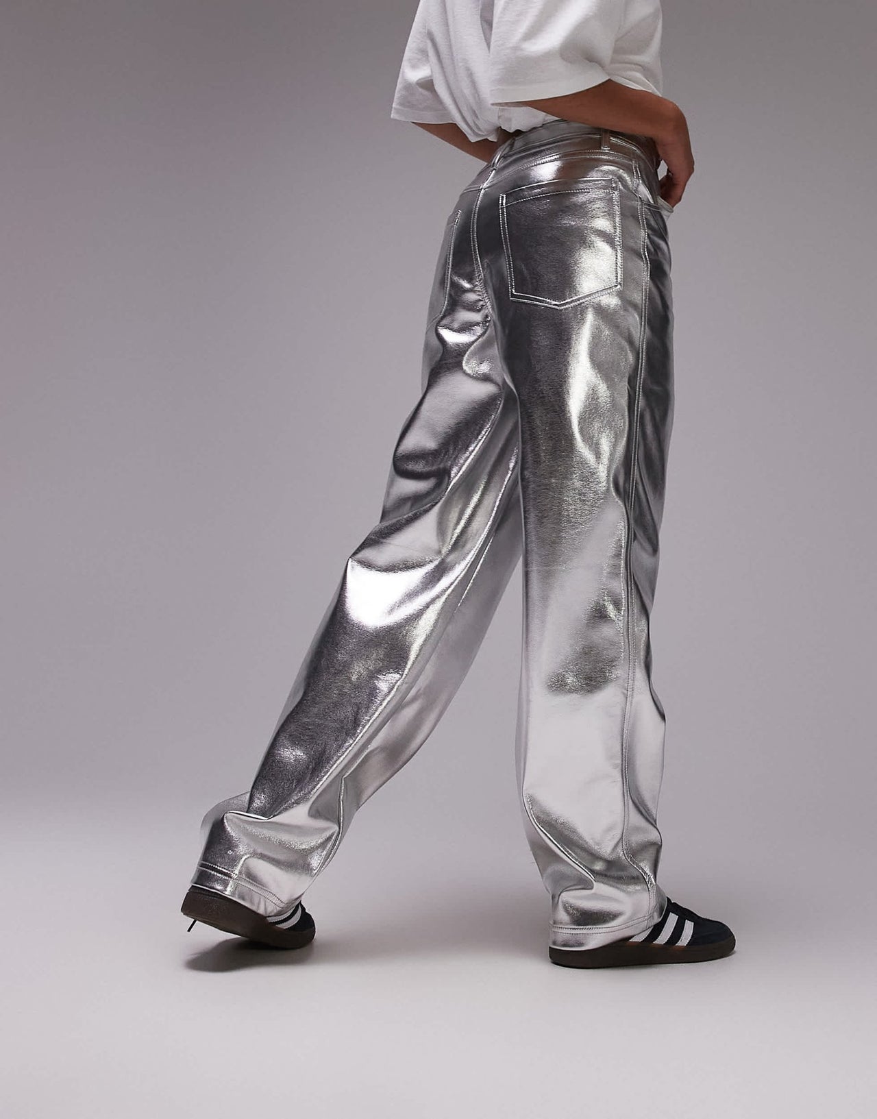 Topshop straight leg faux leather trouser in silver - ASOS Sample Sale