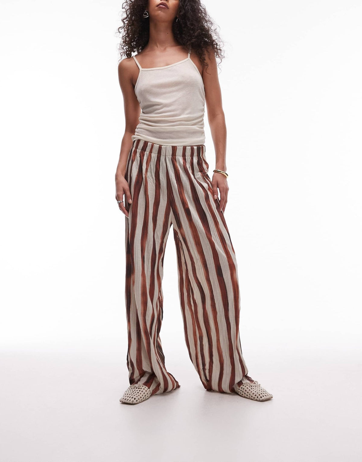 Topshop stripe crinkle wide leg trousers in brown - ASOS Sample Sale