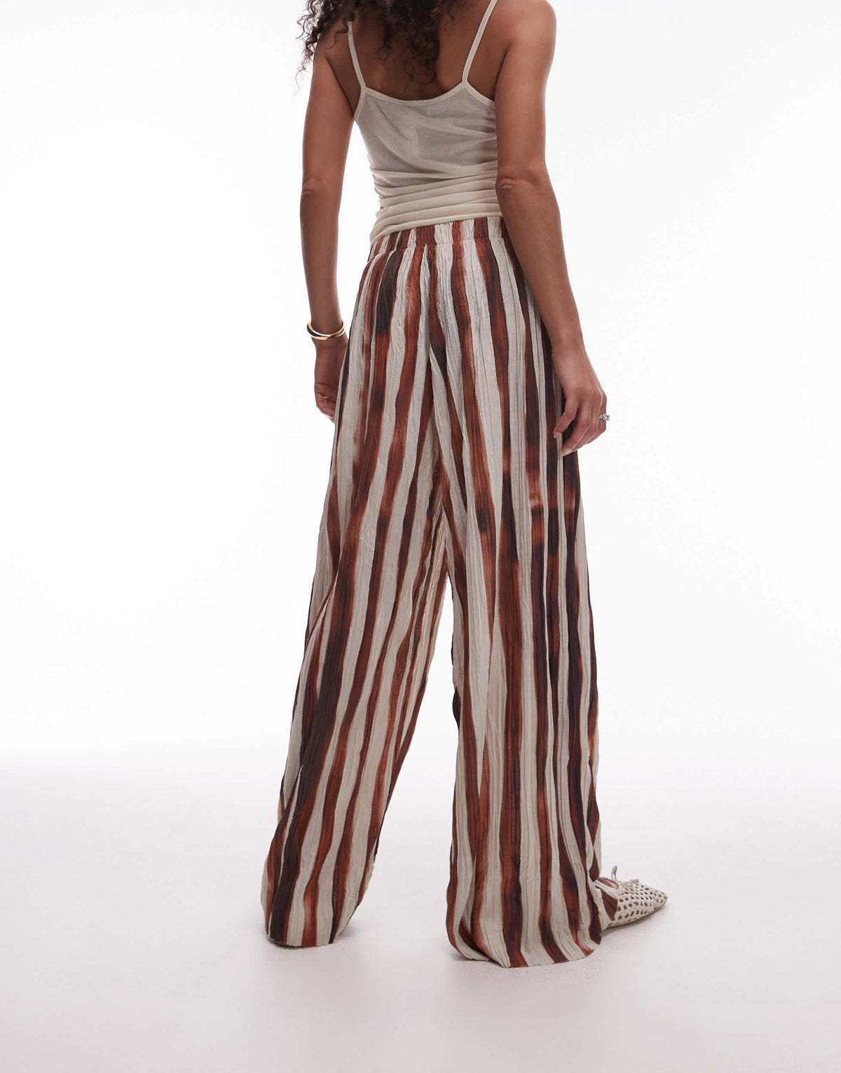 Topshop stripe crinkle wide leg trousers in brown - ASOS Sample Sale