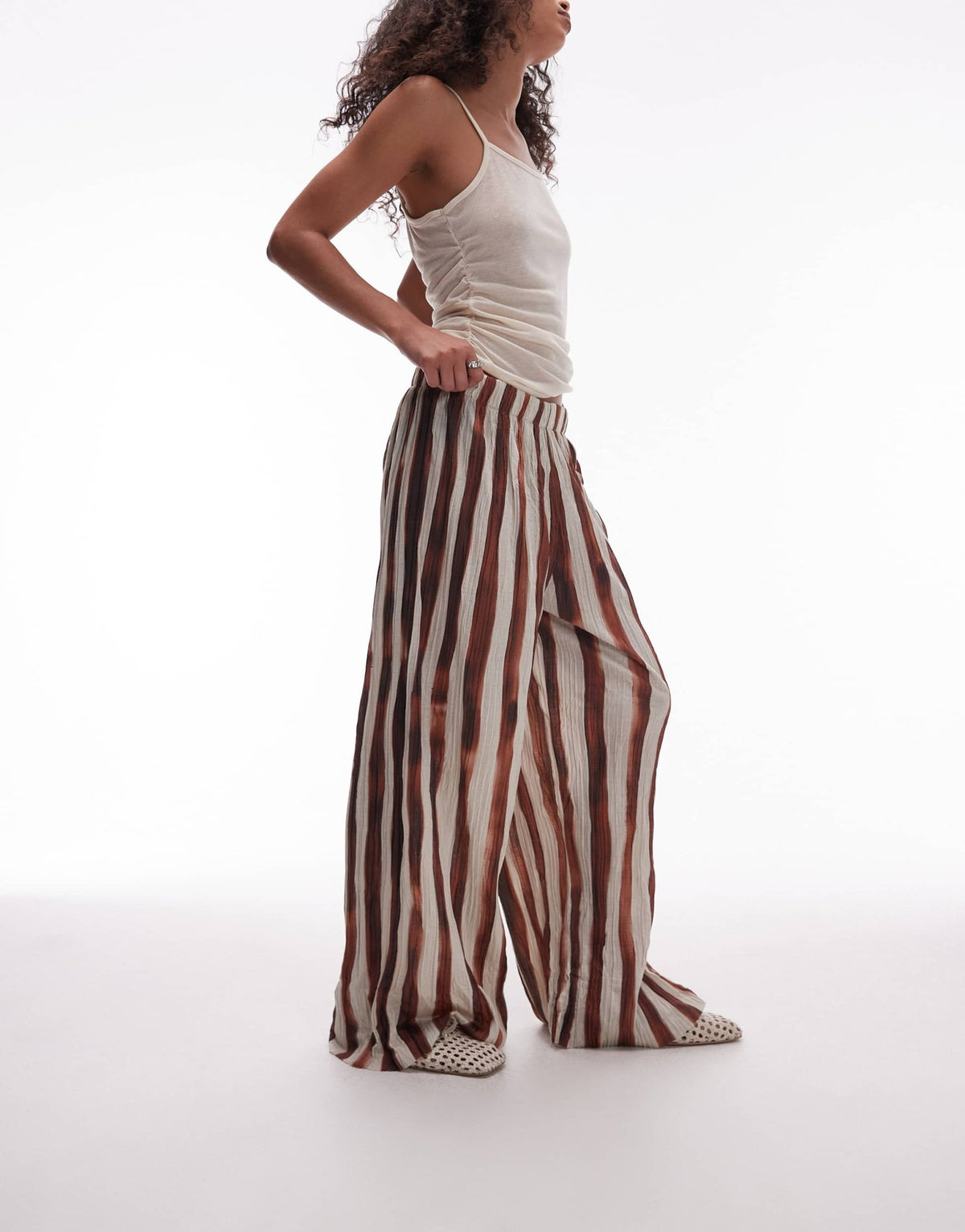 Topshop stripe crinkle wide leg trousers in brown - ASOS Sample Sale