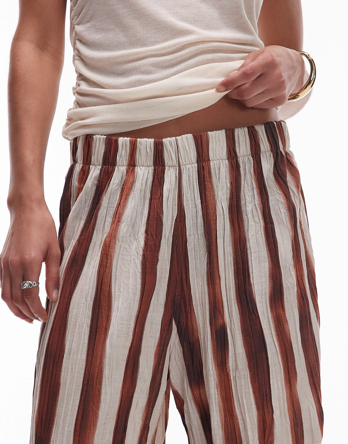Topshop stripe crinkle wide leg trousers in brown - ASOS Sample Sale
