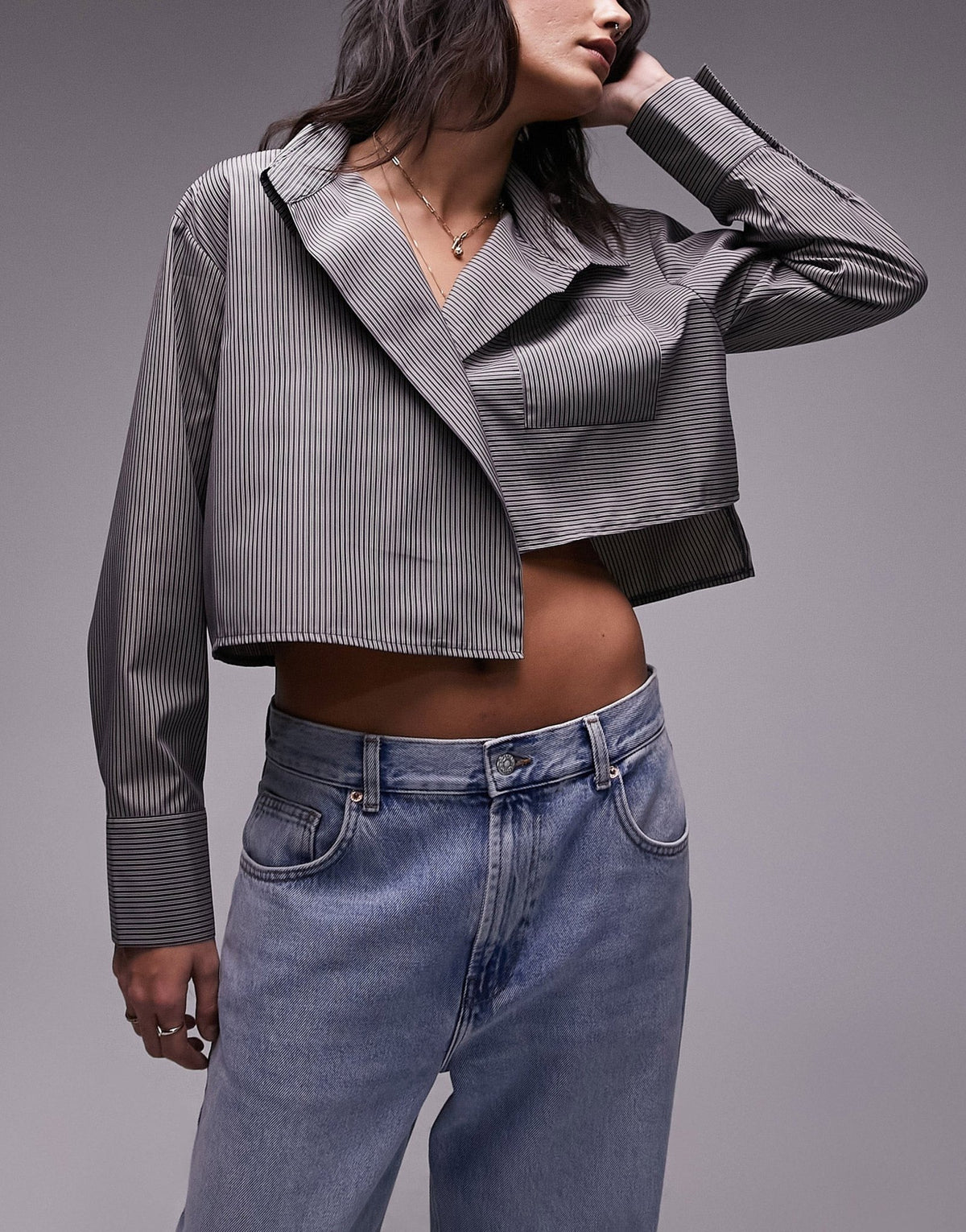 Topshop stripe cropped shirt in blue and beige - ASOS Sample Sale