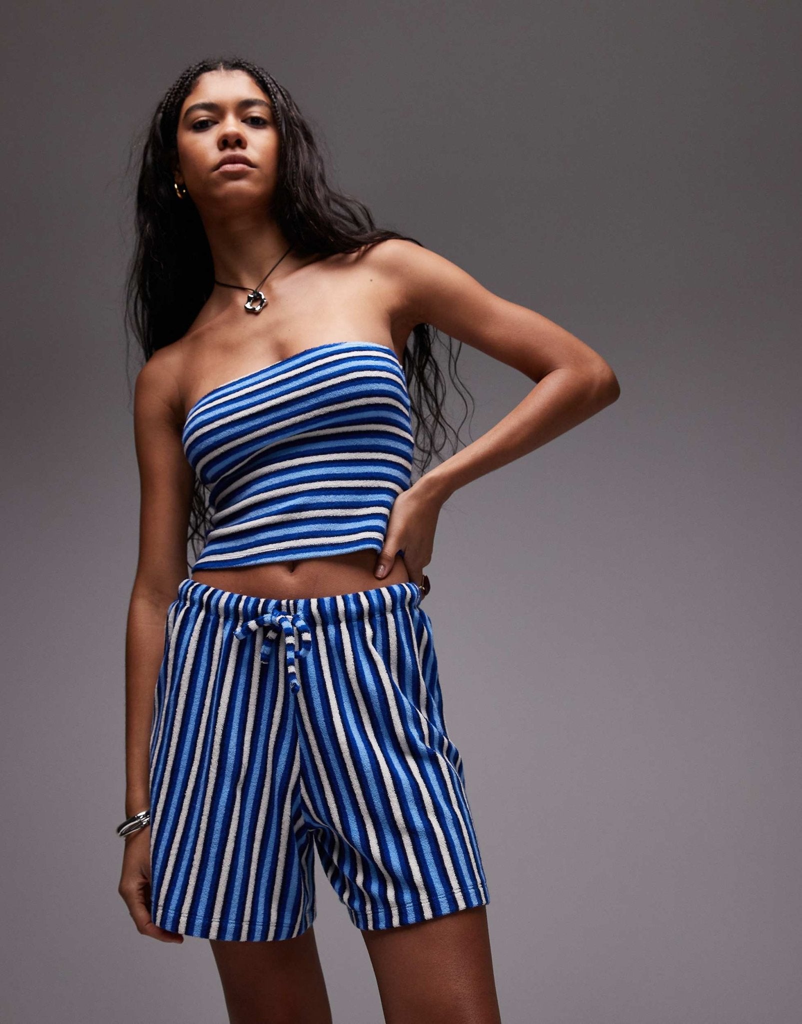 Topshop stripe drawcord towelling shorts co-ord in blue - ASOS Sample Sale