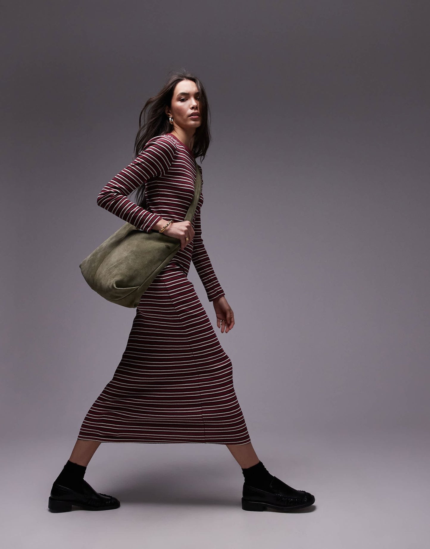 Topshop stripe long sleeve maxi dress in burgundy - ASOS Sample Sale
